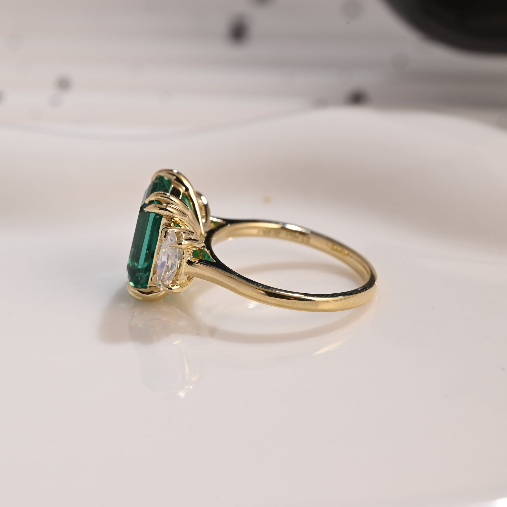 Solid Gold Three Stone Lab Grown Emerald Engagement Ring