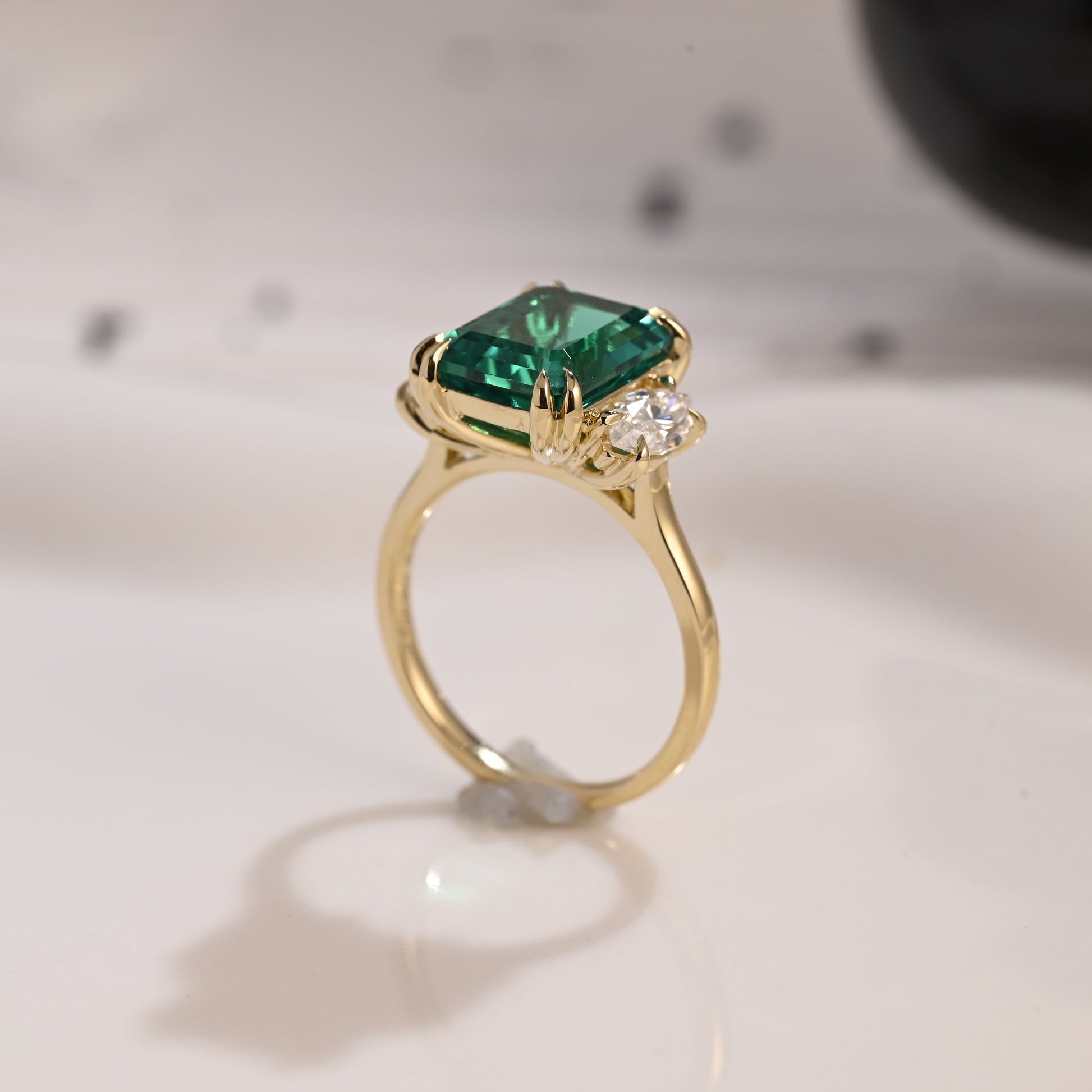 Solid Gold Three Stone Lab Grown Emerald Engagement Ring