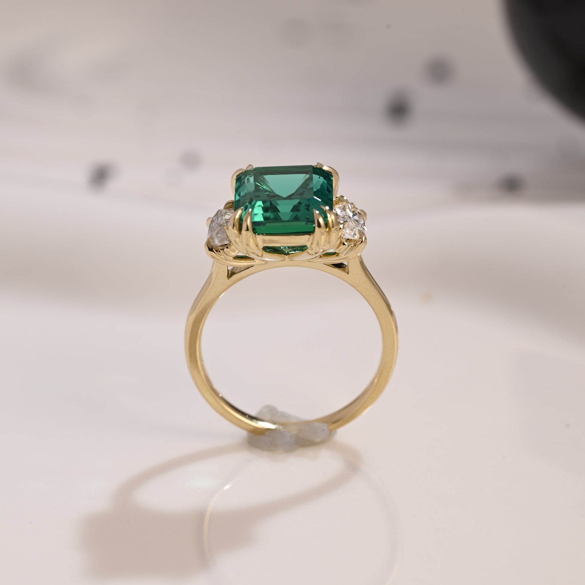 Solid Gold Three Stone Lab Grown Emerald Engagement Ring