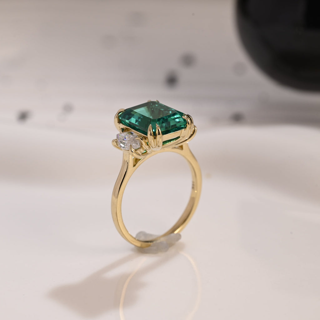 Solid Gold Three Stone Lab Grown Emerald Engagement Ring
