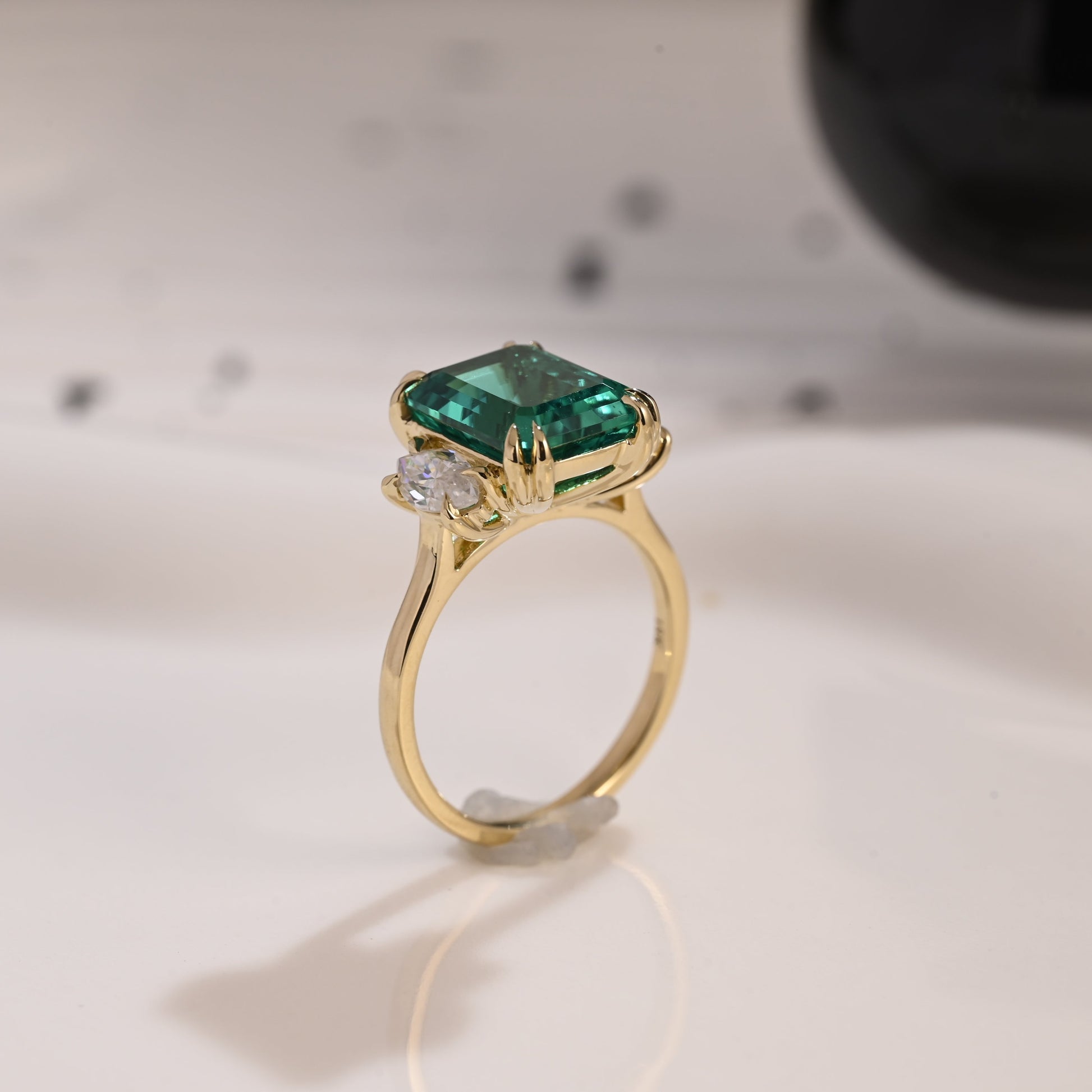 Solid Gold Three Stone Lab Grown Emerald Engagement Ring
