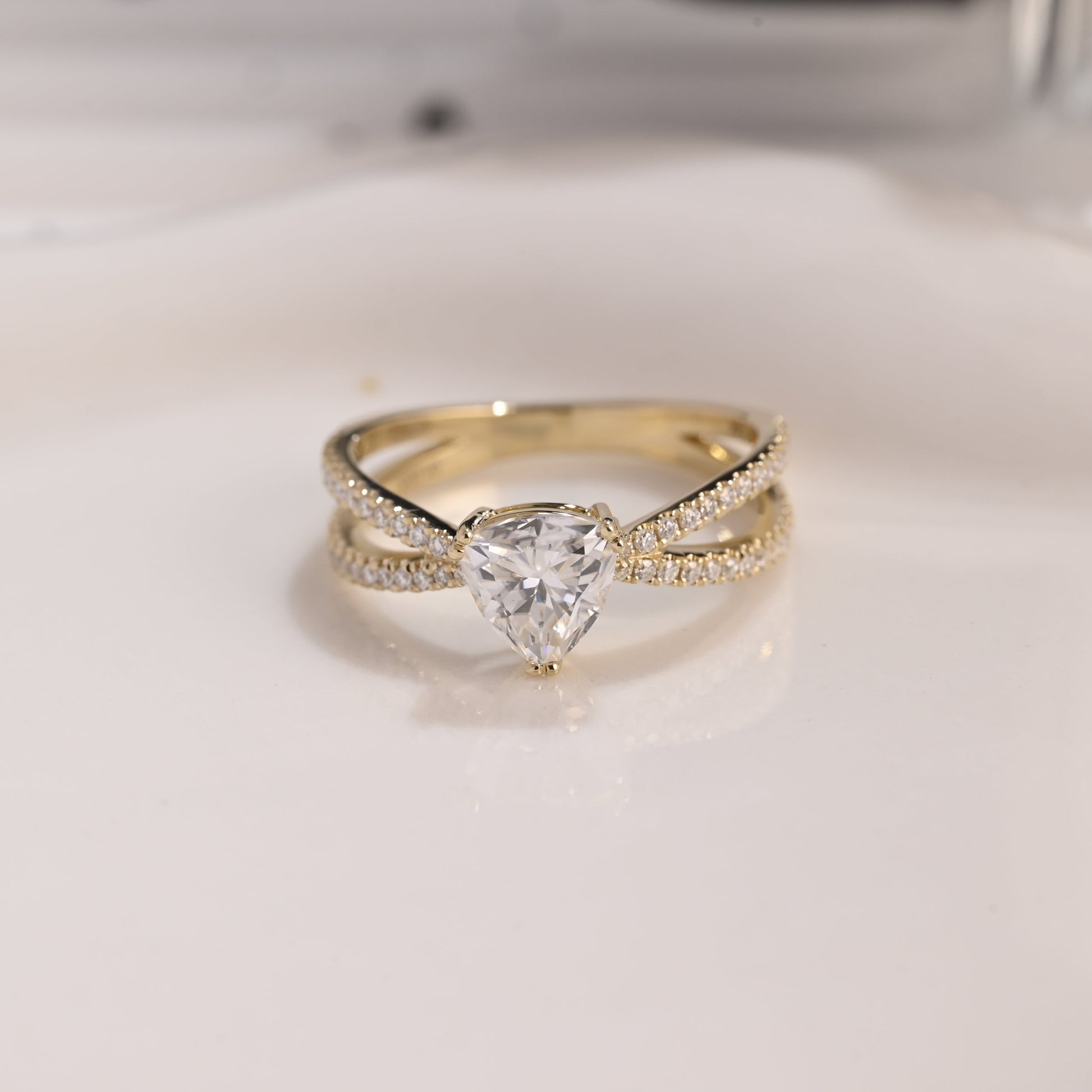 Solid Gold Cross Band Trillion Cut Moissanite Engagement Ring