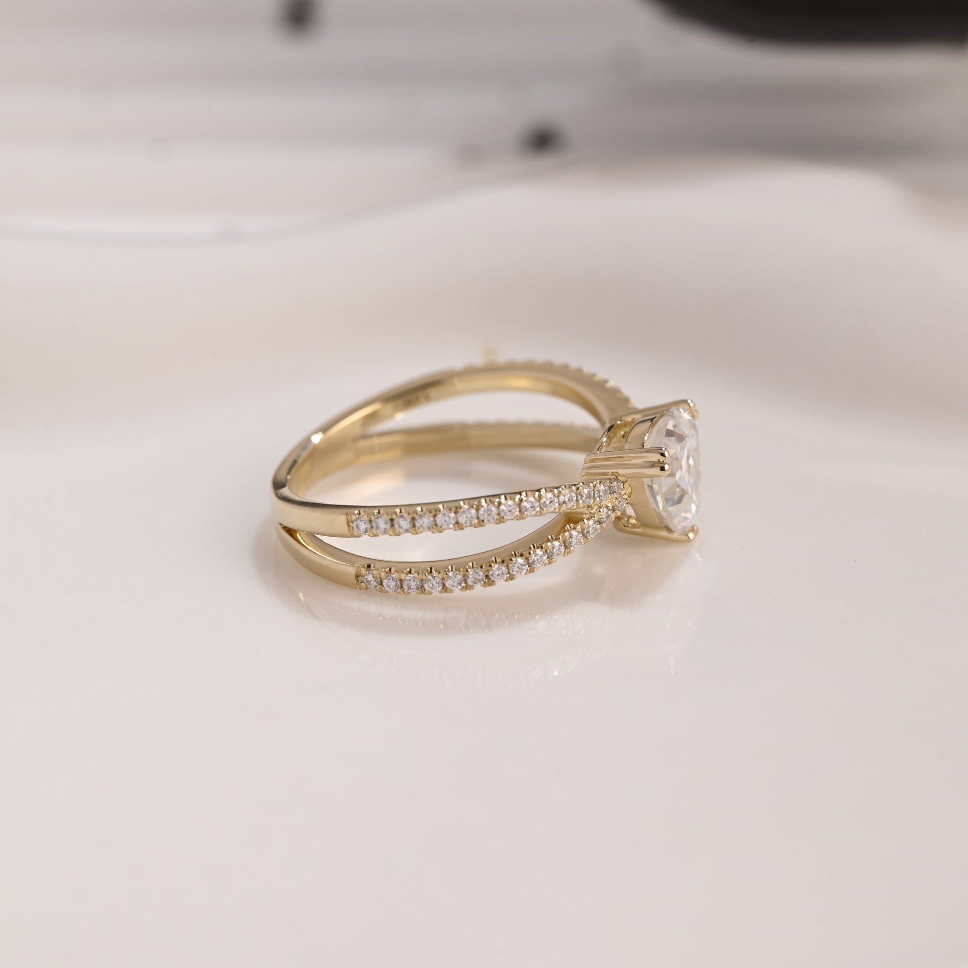 Solid Gold Cross Band Trillion Cut Moissanite Engagement Ring