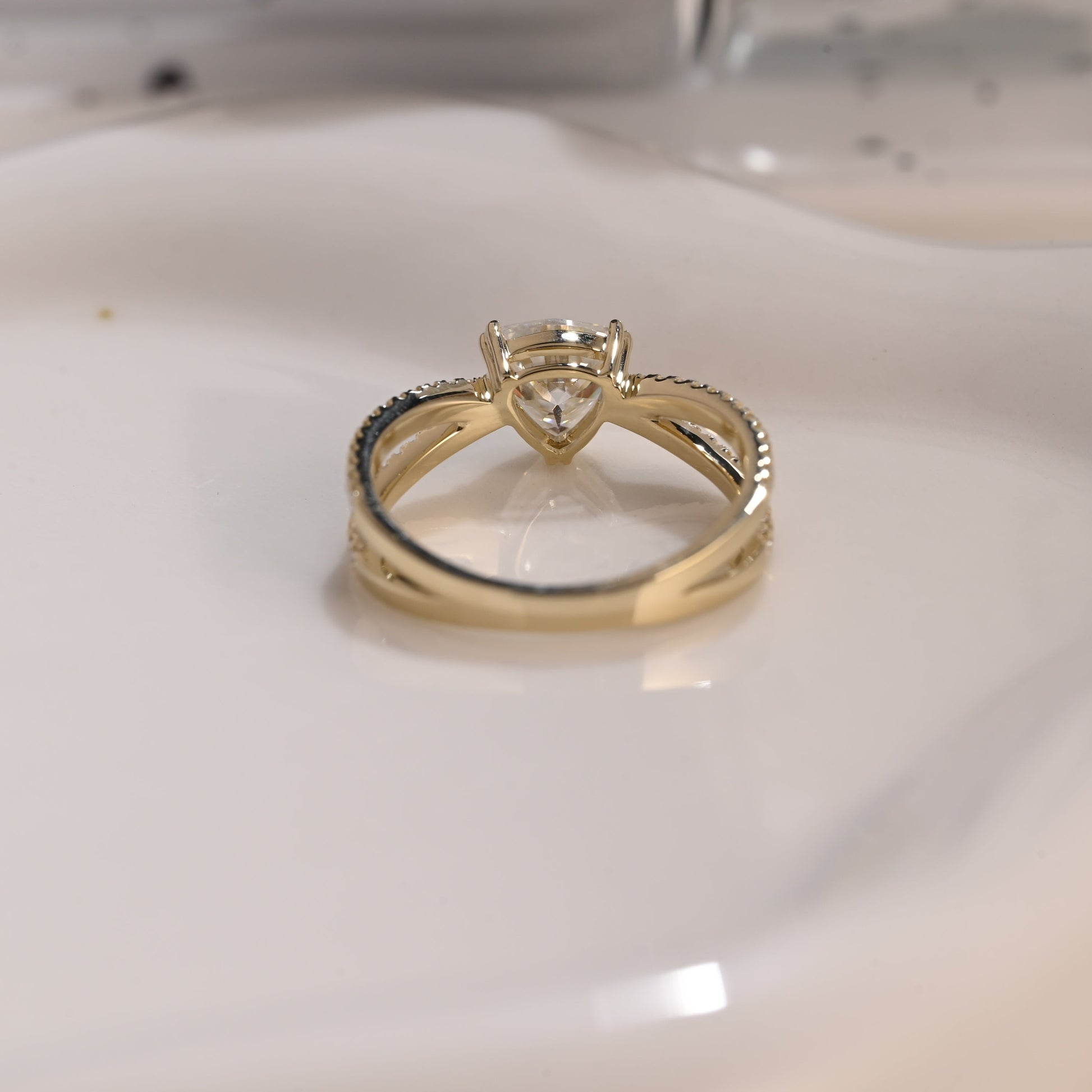 Solid Gold Cross Band Trillion Cut Moissanite Engagement Ring