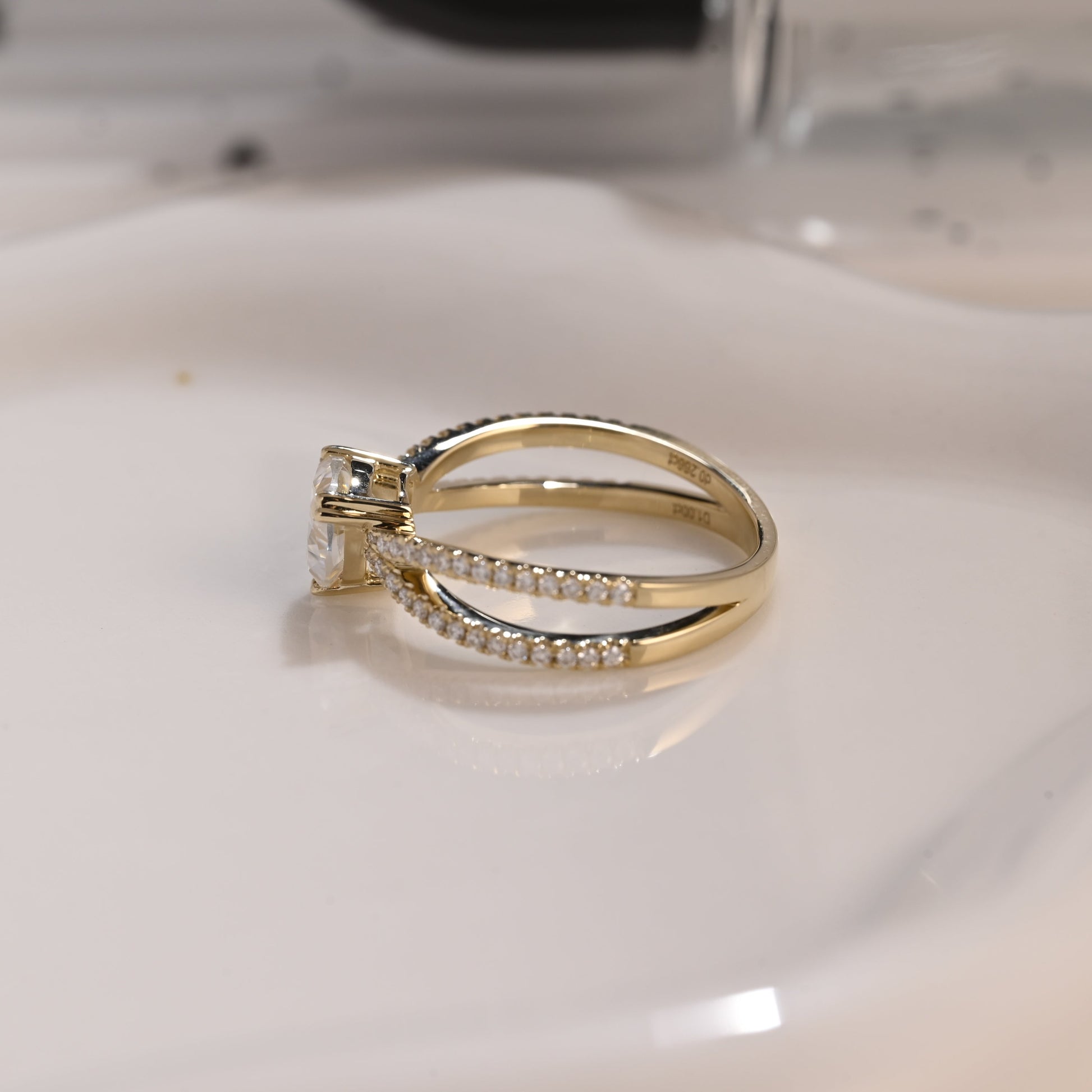 Solid Gold Cross Band Trillion Cut Moissanite Engagement Ring