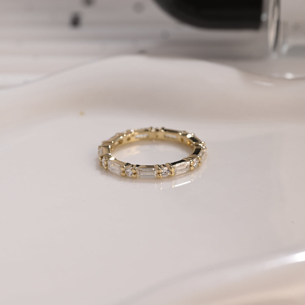 Solid Gold Full Eternity Baguette & Round Cut Moissanite Wedding Band
