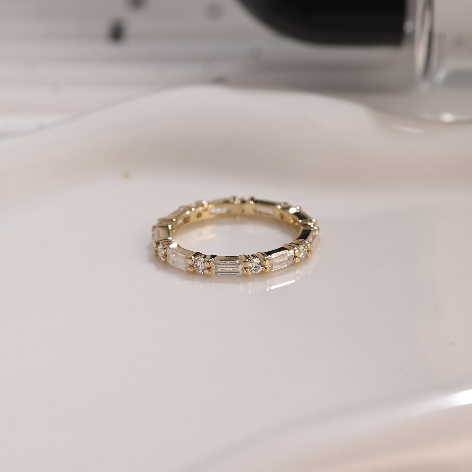 Solid Gold Full Eternity Baguette & Round Cut Moissanite Wedding Band