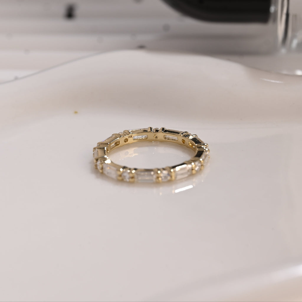 Solid Gold Full Eternity Baguette & Round Cut Moissanite Wedding Band