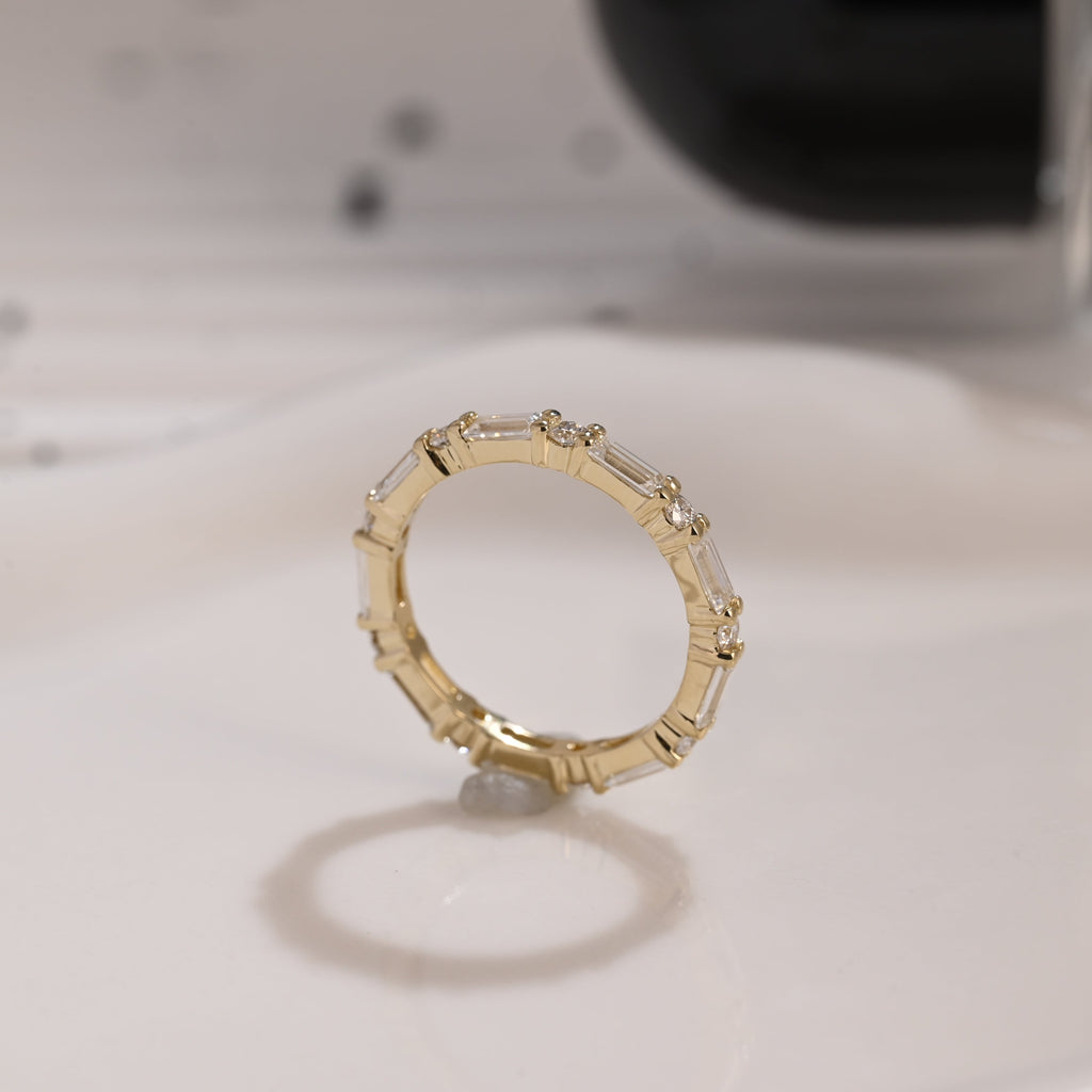 Solid Gold Full Eternity Baguette & Round Cut Moissanite Wedding Band