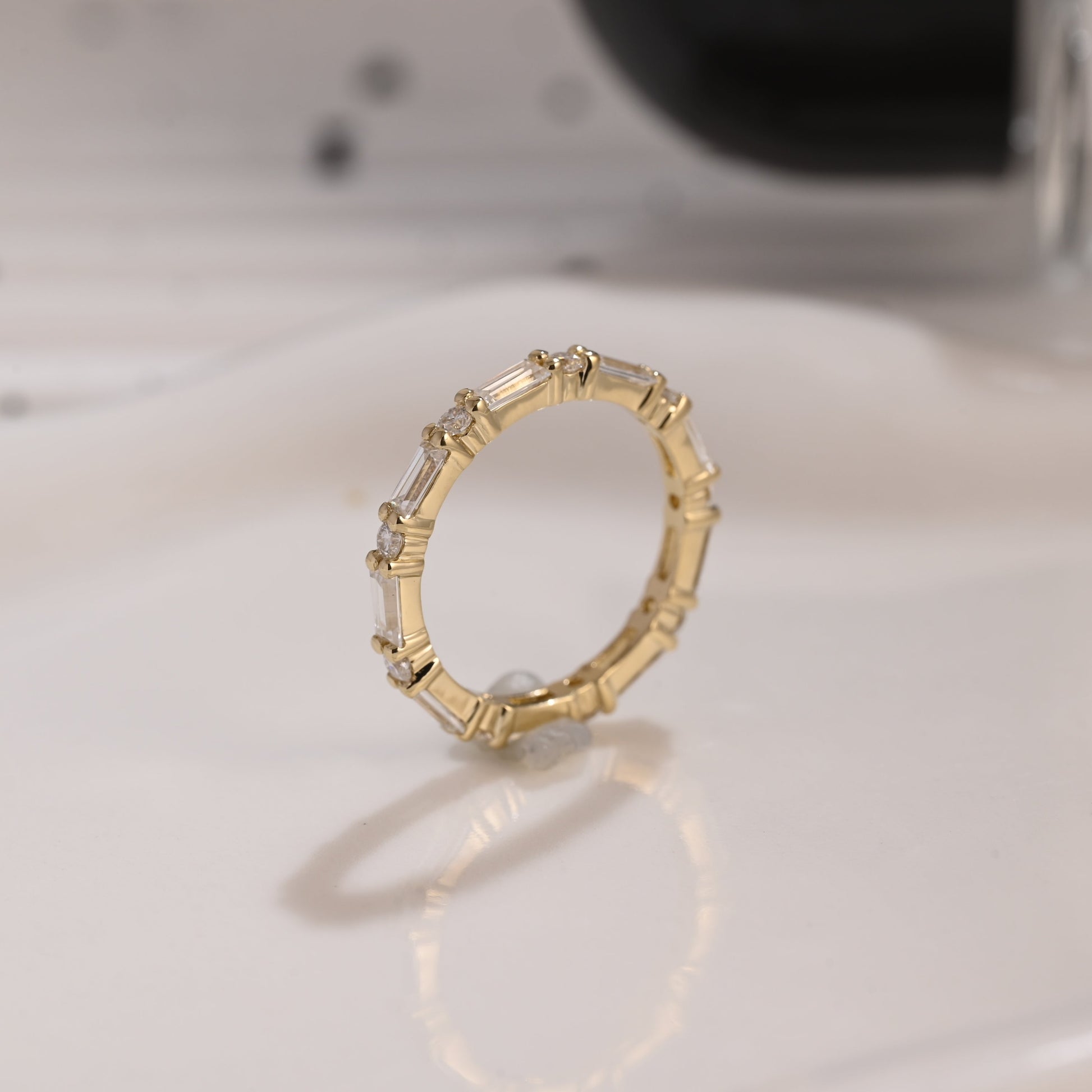 Solid Gold Full Eternity Baguette & Round Cut Moissanite Wedding Band