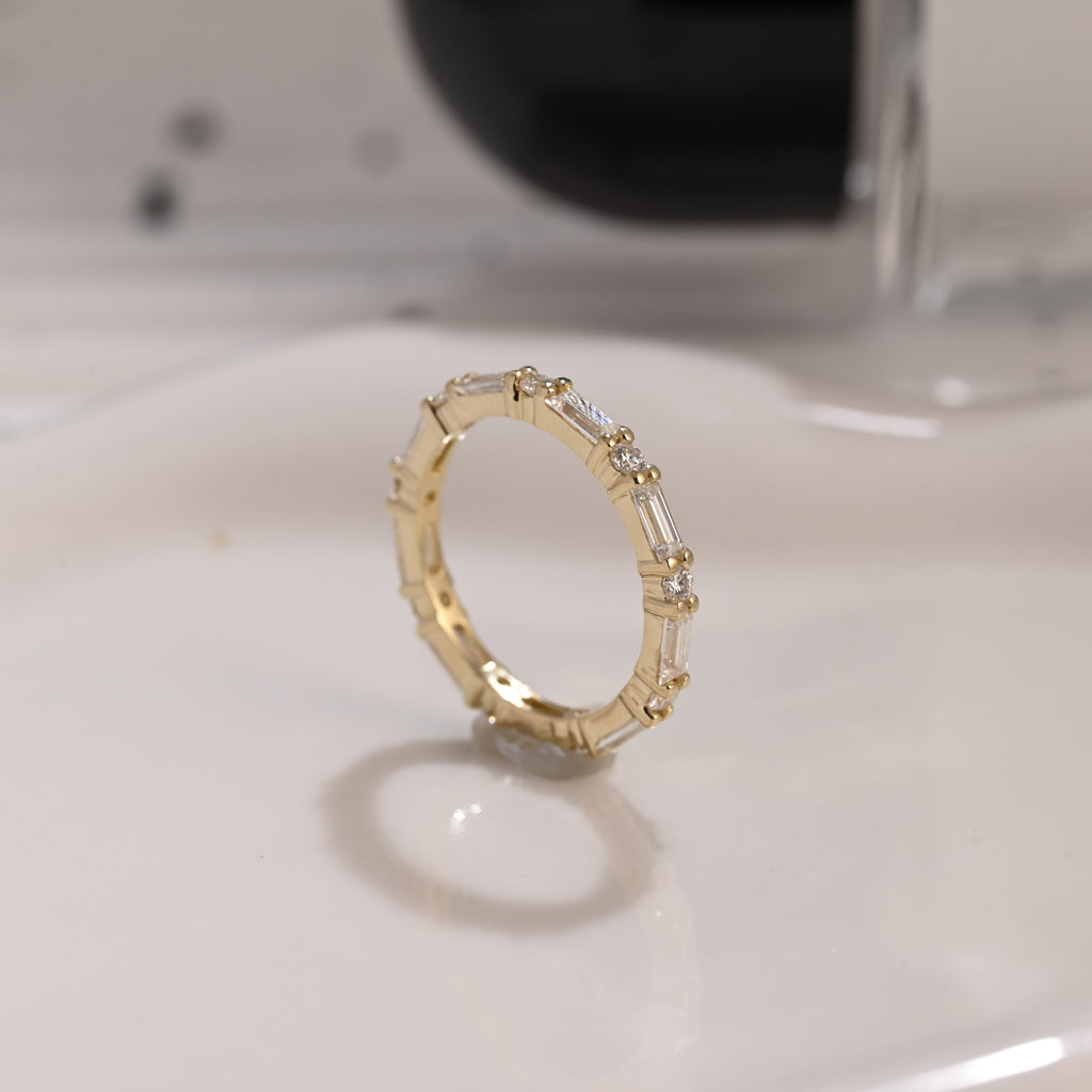 Solid Gold Full Eternity Baguette & Round Cut Moissanite Wedding Band