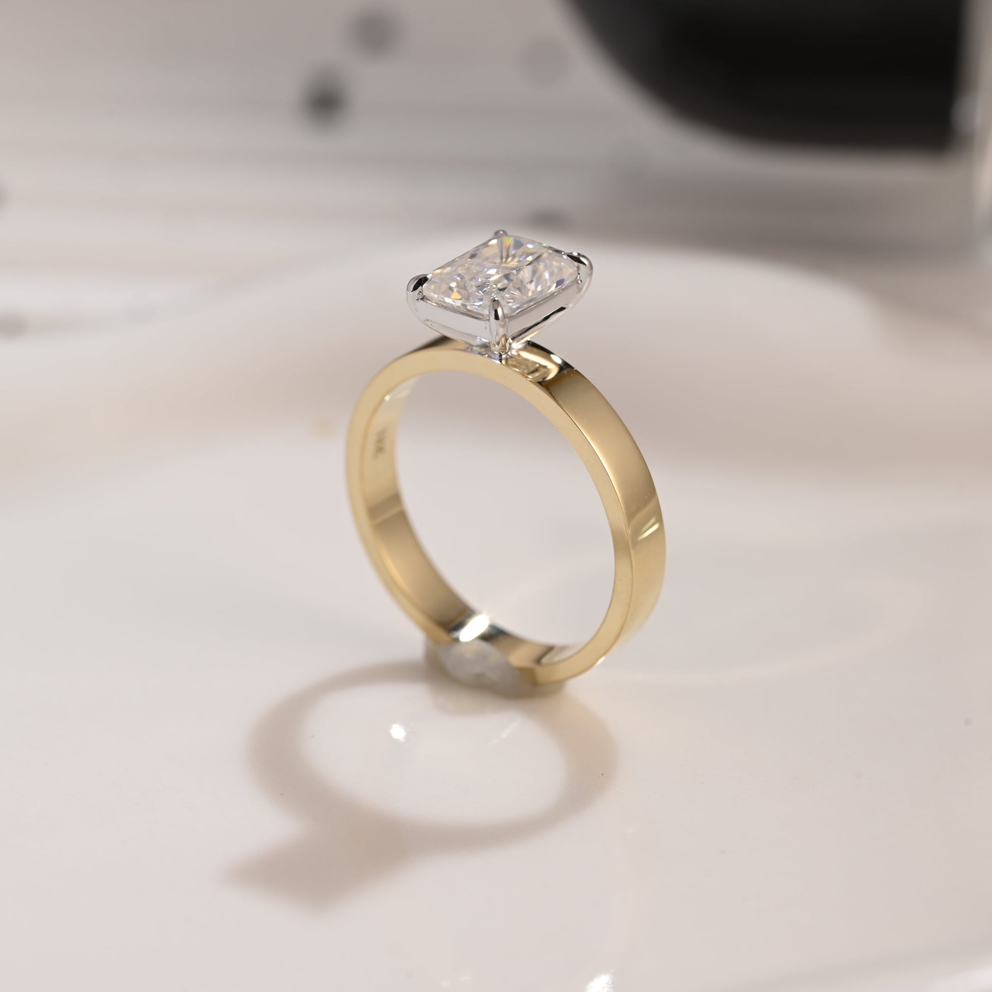 Solid Gold Two Tone 3mm Width Solitaire Radiant Cut Moissanite Engagement Ring