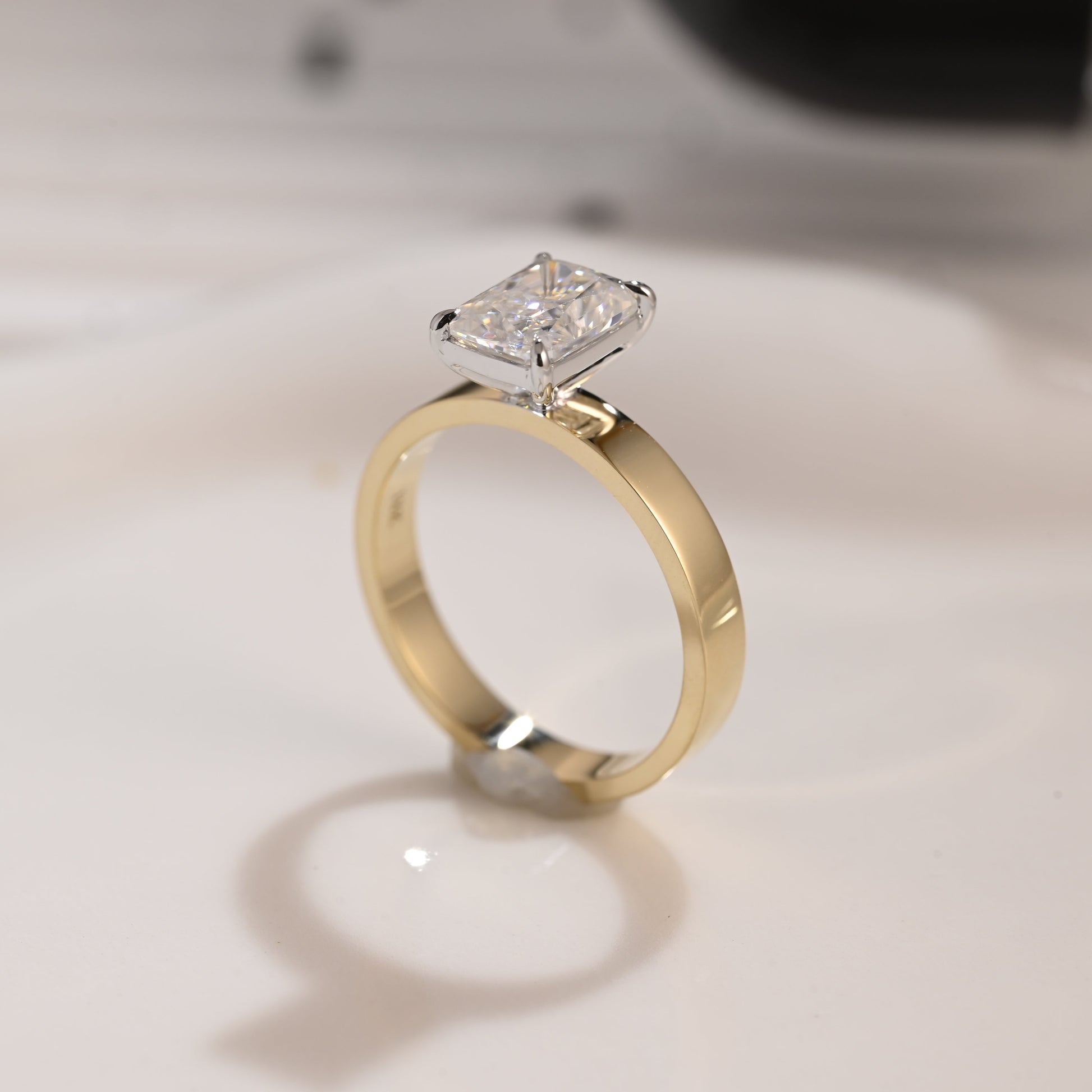 Solid Gold Two Tone 3mm Width Solitaire Radiant Cut Moissanite Engagement Ring