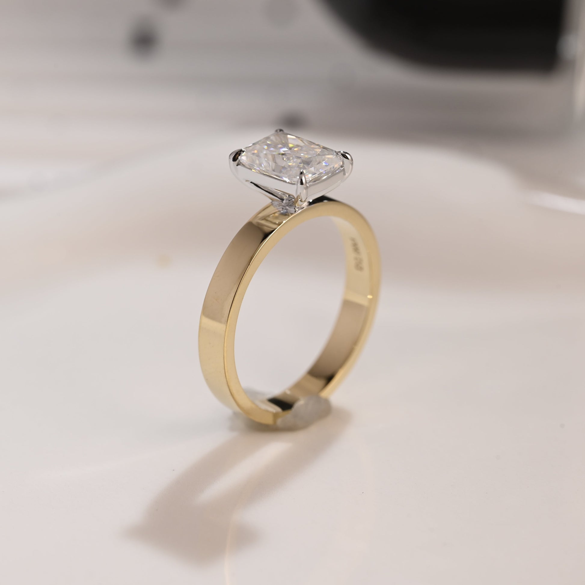 Solid Gold Two Tone 3mm Width Solitaire Radiant Cut Moissanite Engagement Ring