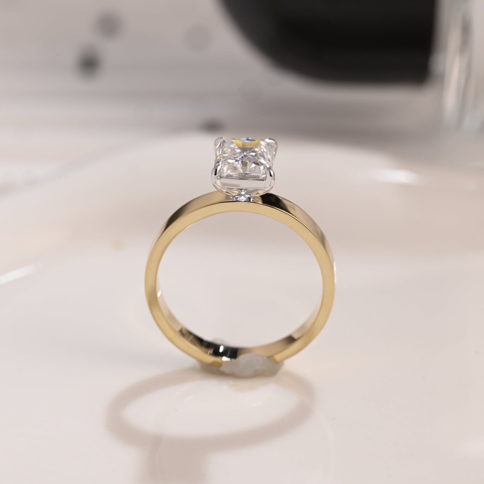 Solid Gold Two Tone 3mm Width Solitaire Radiant Cut Moissanite Engagement Ring
