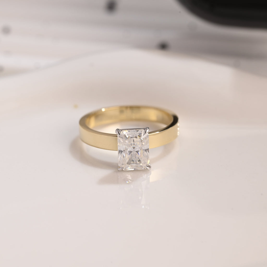 Solid Gold Two Tone 3mm Width Solitaire Radiant Cut Moissanite Engagement Ring
