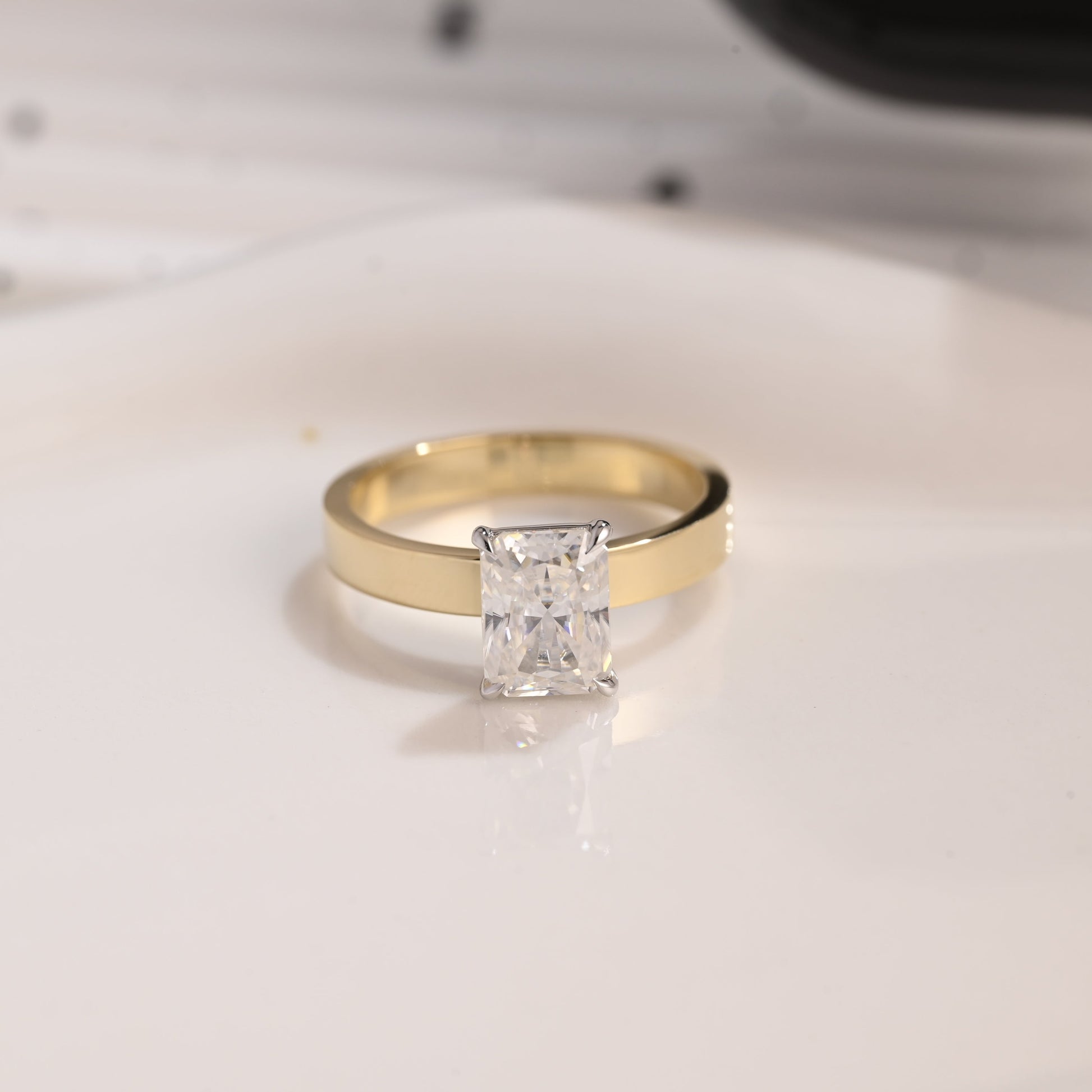 Solid Gold Two Tone 3mm Width Solitaire Radiant Cut Moissanite Engagement Ring