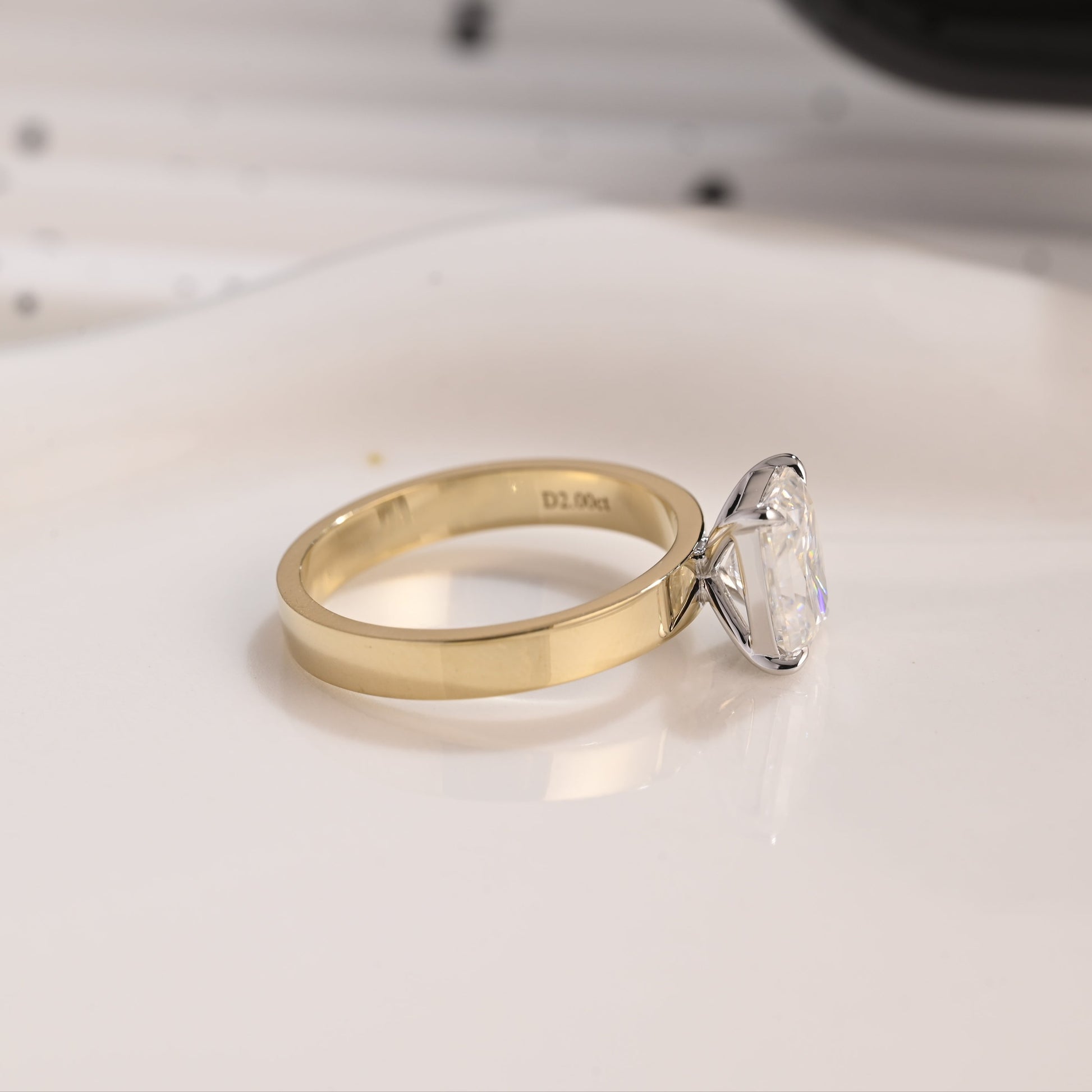 Solid Gold Two Tone 3mm Width Solitaire Radiant Cut Moissanite Engagement Ring
