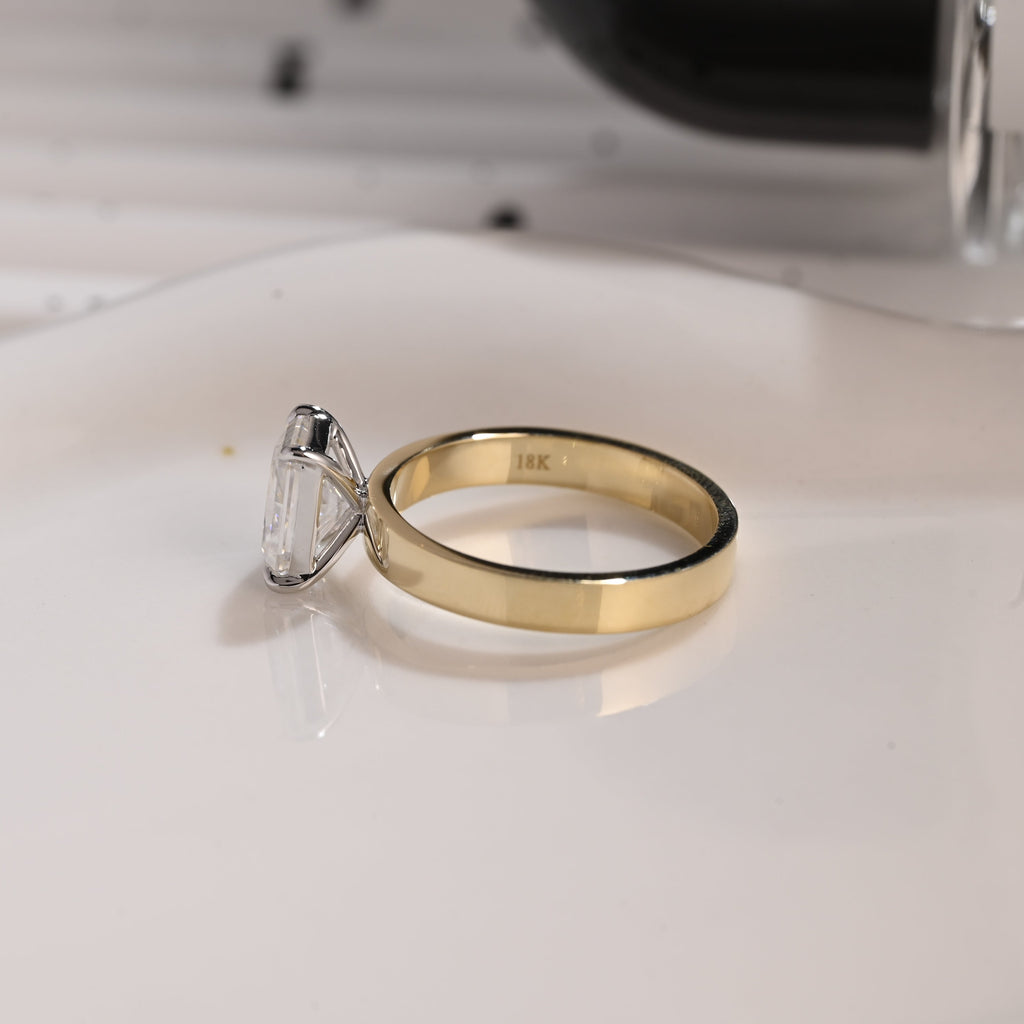 Solid Gold Two Tone 3mm Width Solitaire Radiant Cut Moissanite Engagement Ring