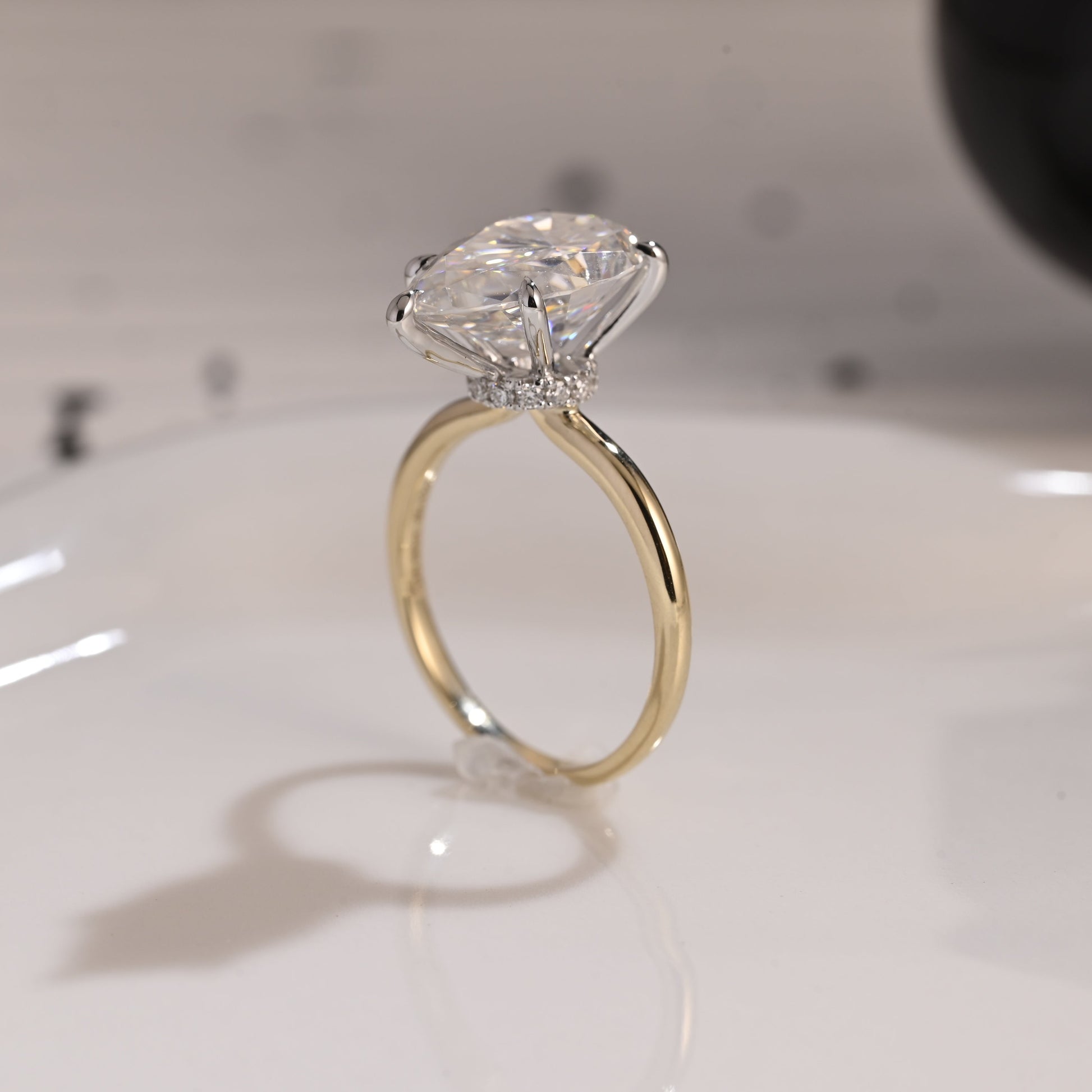 Solid Gold Two Tone Hidden Halo Pear Cut Moissanite Engagement Ring
