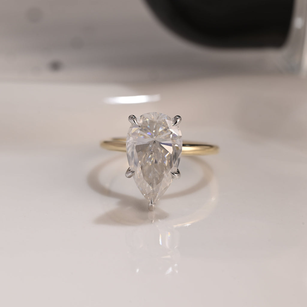 Solid Gold Two Tone Hidden Halo Pear Cut Moissanite Engagement Ring