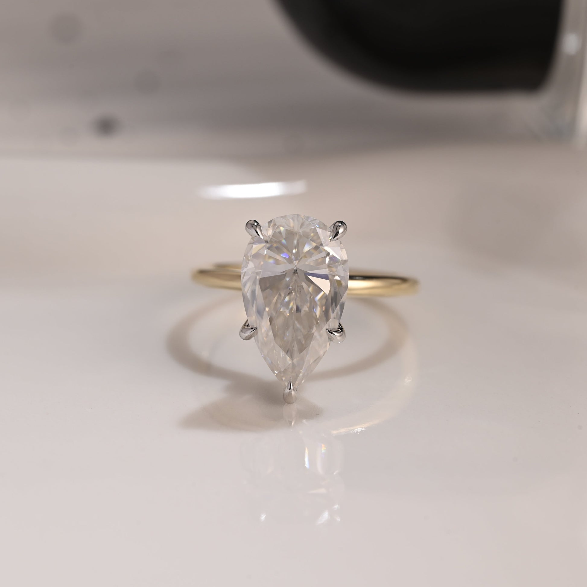 Solid Gold Two Tone Hidden Halo Pear Cut Moissanite Engagement Ring