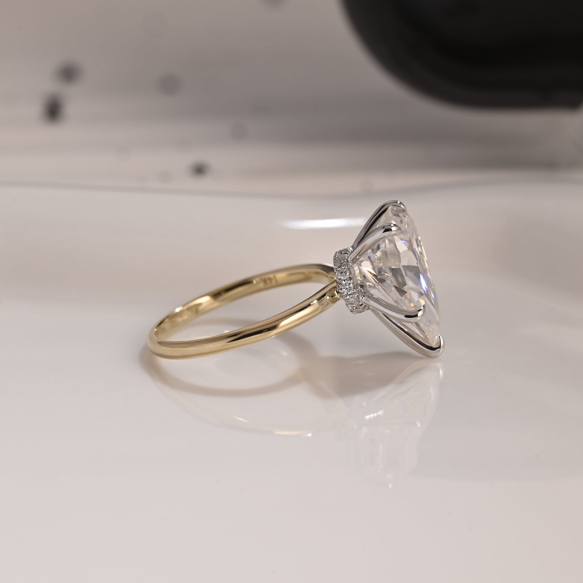 Solid Gold Two Tone Hidden Halo Pear Cut Moissanite Engagement Ring