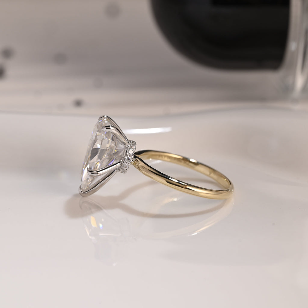 Solid Gold Two Tone Hidden Halo Pear Cut Moissanite Engagement Ring