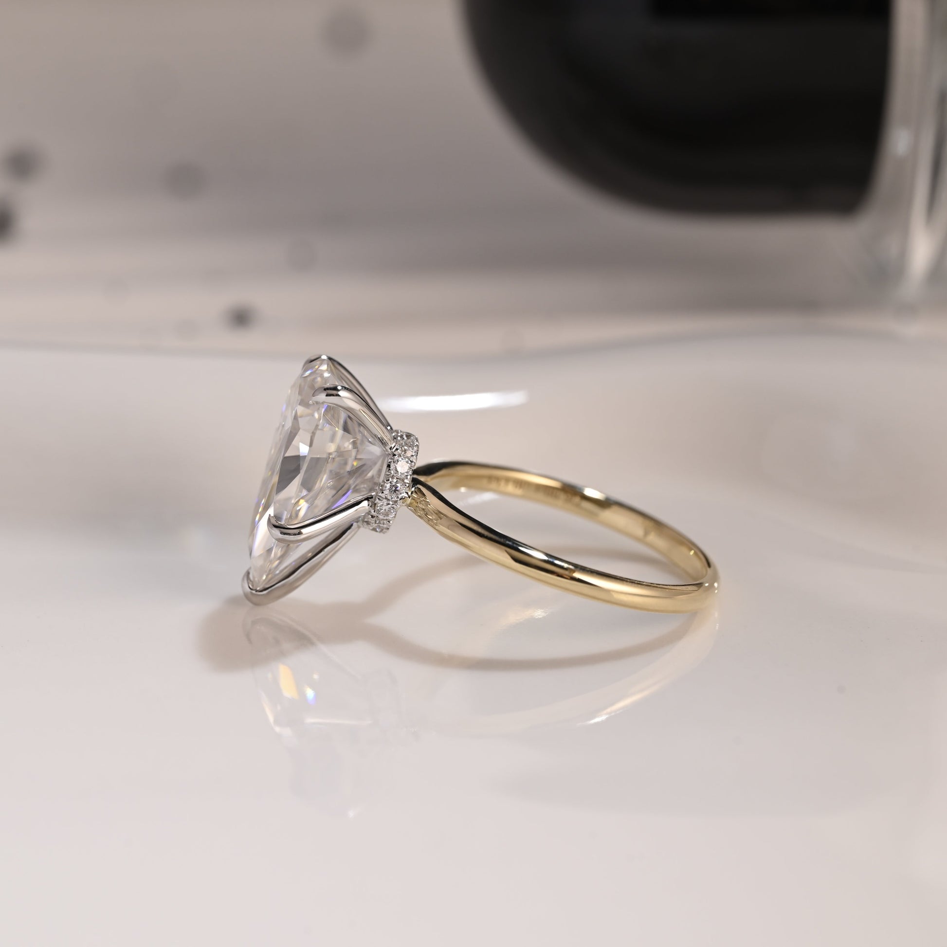 Solid Gold Two Tone Hidden Halo Pear Cut Moissanite Engagement Ring