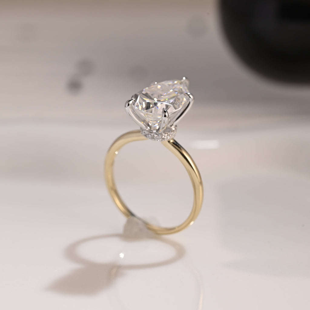 Solid Gold Two Tone Hidden Halo Pear Cut Moissanite Engagement Ring