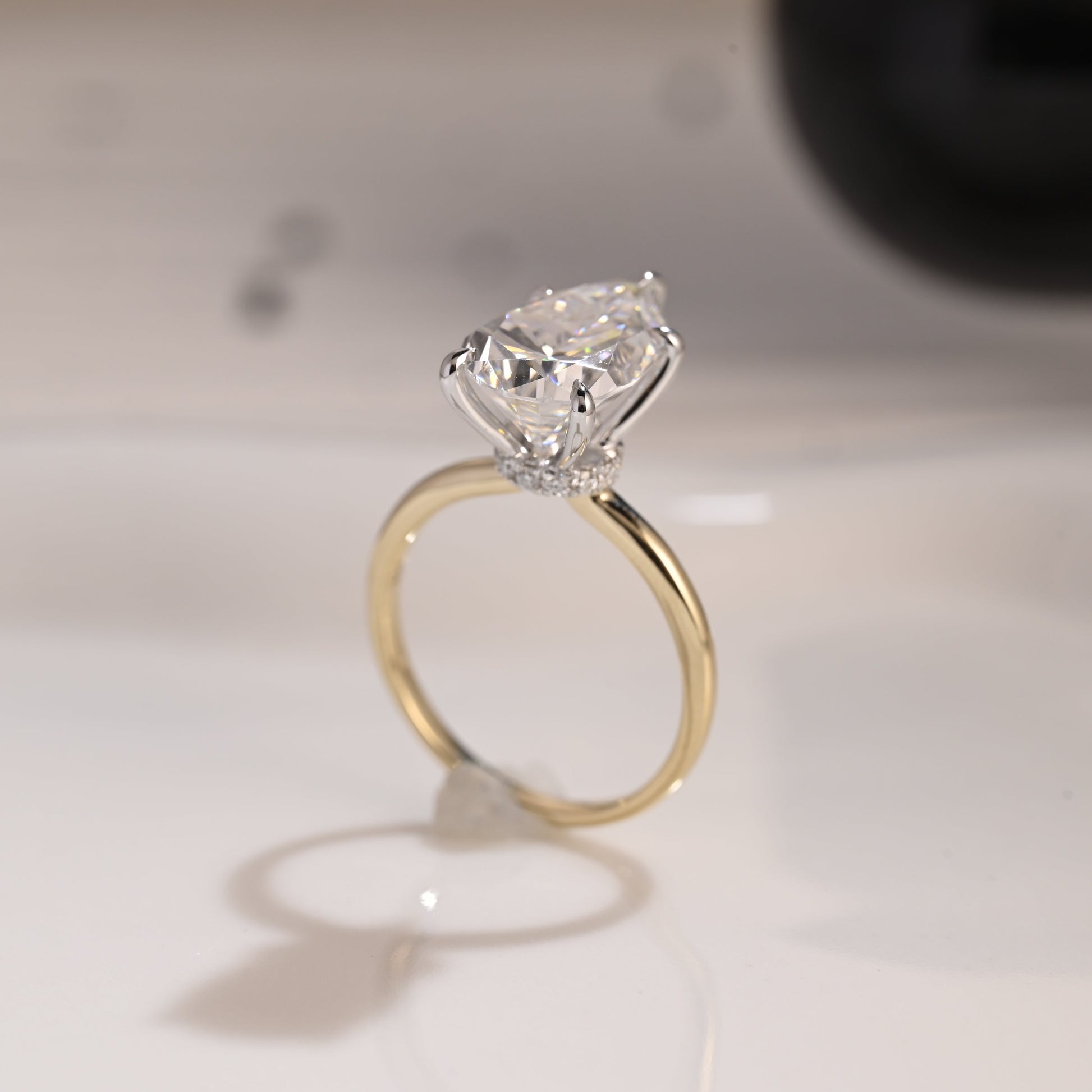 Solid Gold Two Tone Hidden Halo Pear Cut Moissanite Engagement Ring