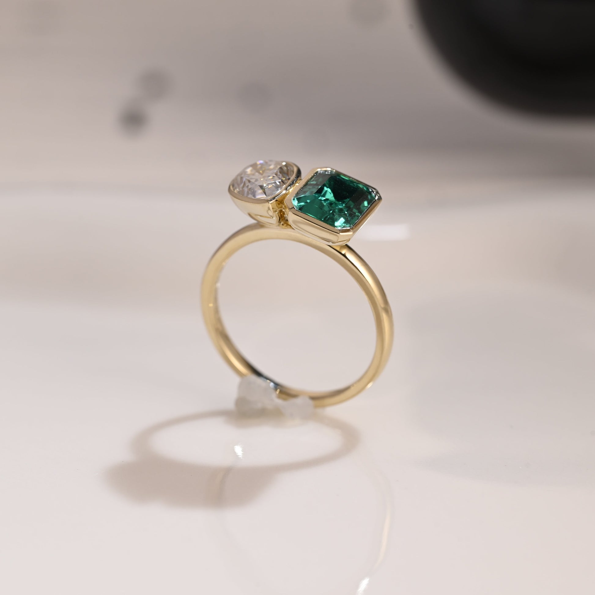 Solid Gold Bezel Toi et Moi Lab Emerald & Pear Cut Moissanite Engagement Ring
