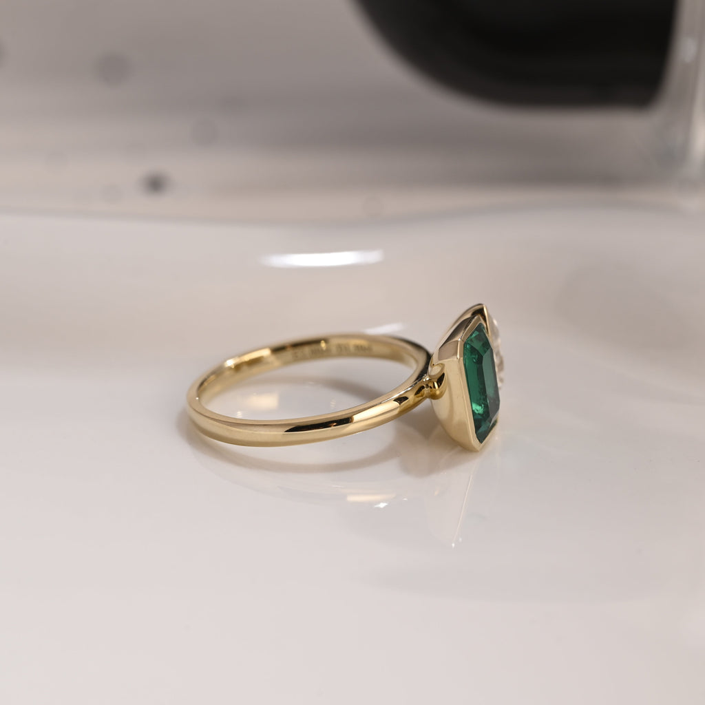 Solid Gold Bezel Toi et Moi Lab Emerald & Pear Cut Moissanite Engagement Ring
