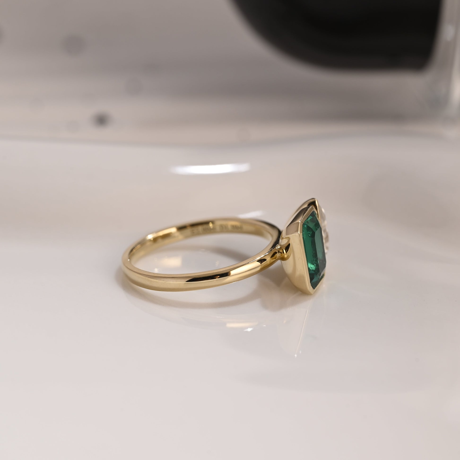 Solid Gold Bezel Toi et Moi Lab Emerald & Pear Cut Moissanite Engagement Ring
