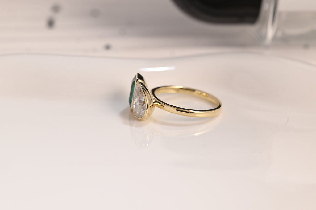 Solid Gold Bezel Toi et Moi Lab Emerald & Pear Cut Moissanite Engagement Ring