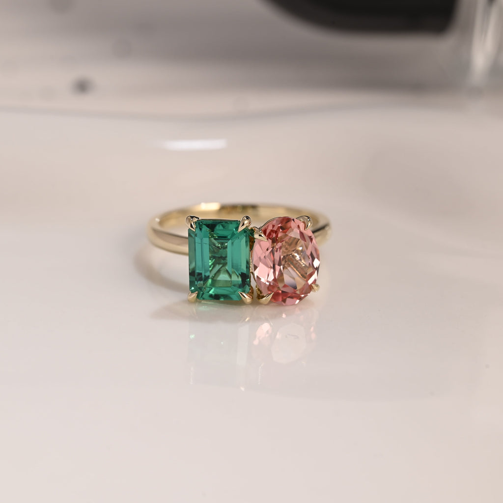Solid Gold Toi et Moi Lab Emerald & Oval Cut Pink Sapphire Engagement Ring