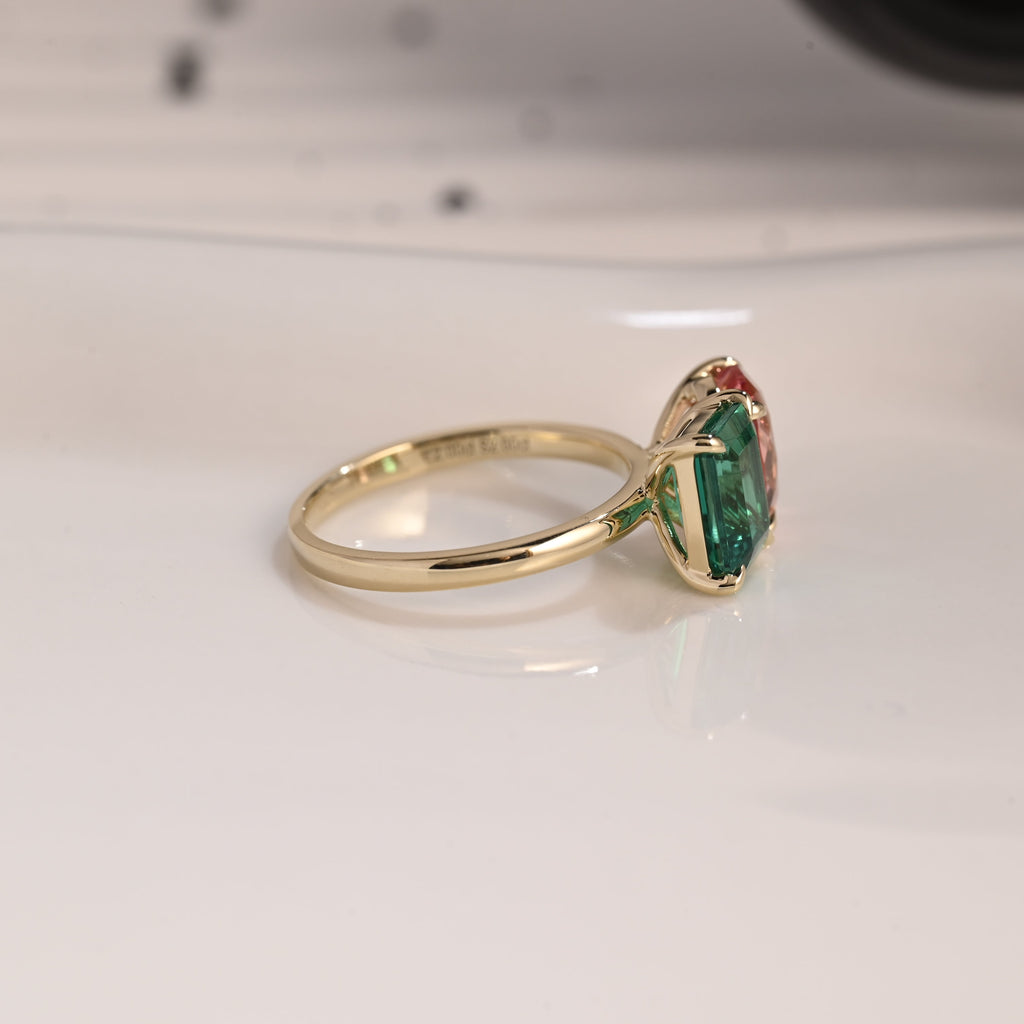 Solid Gold Toi et Moi Lab Emerald & Oval Cut Pink Sapphire Engagement Ring