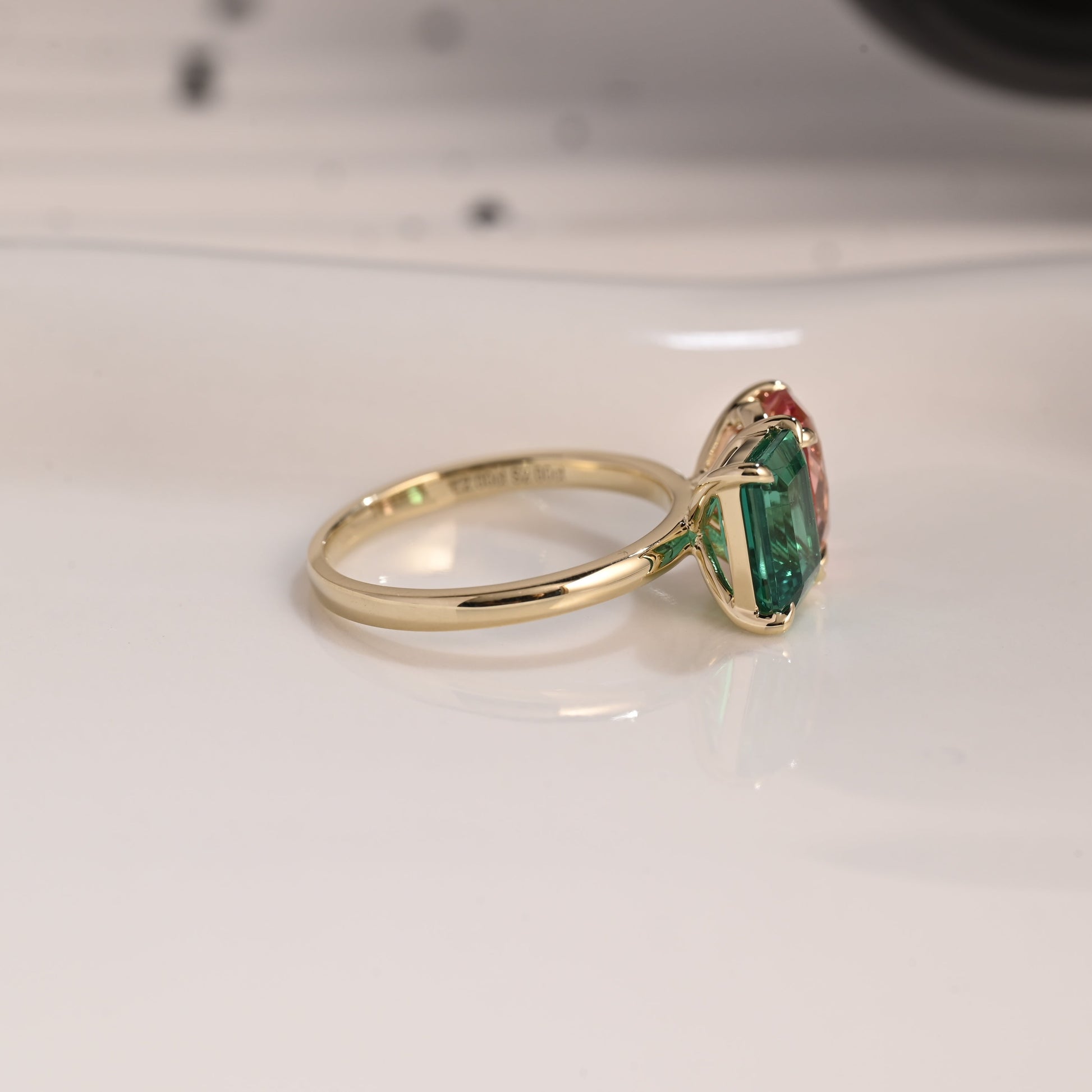 Solid Gold Toi et Moi Lab Emerald & Oval Cut Pink Sapphire Engagement Ring