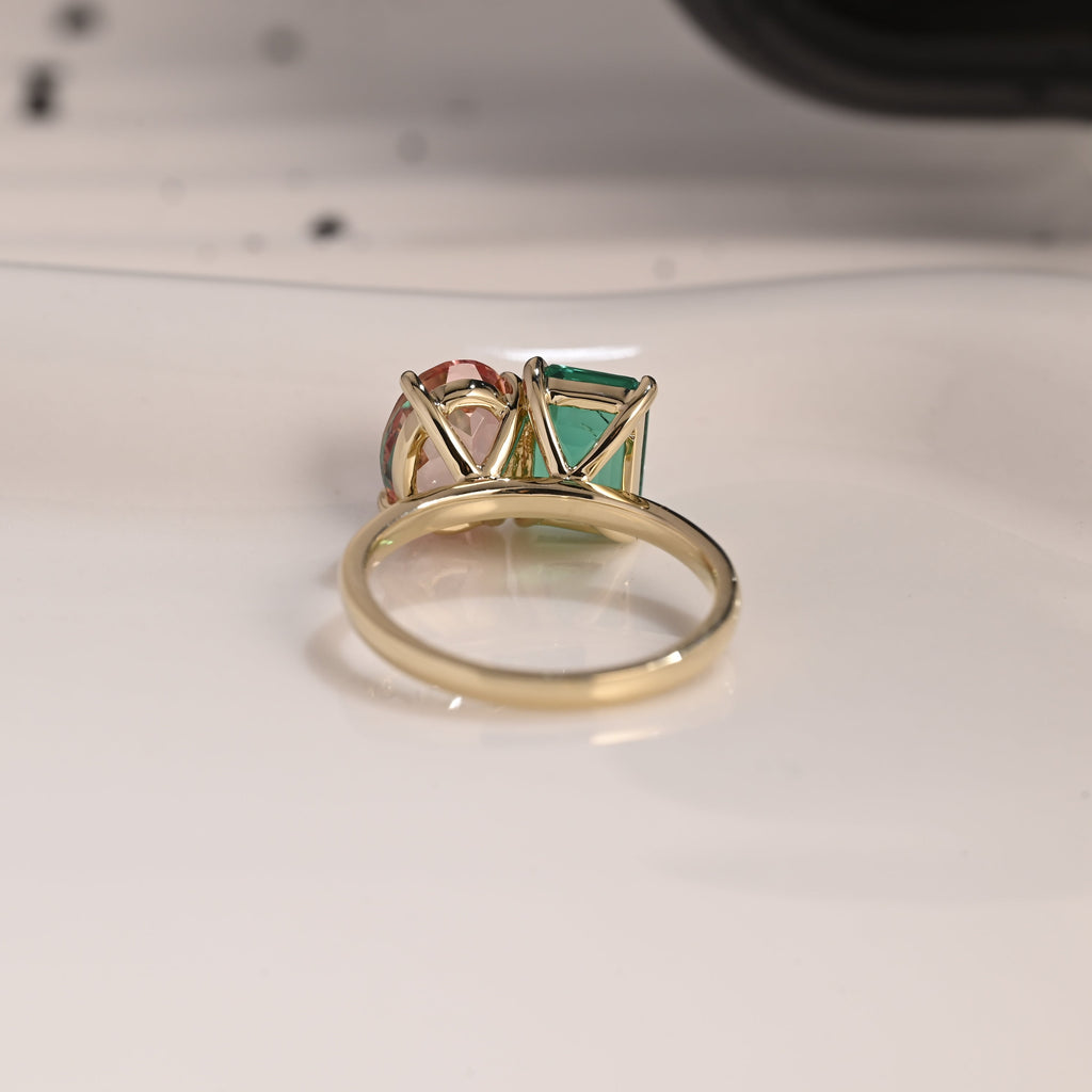Solid Gold Toi et Moi Lab Emerald & Oval Cut Pink Sapphire Engagement Ring