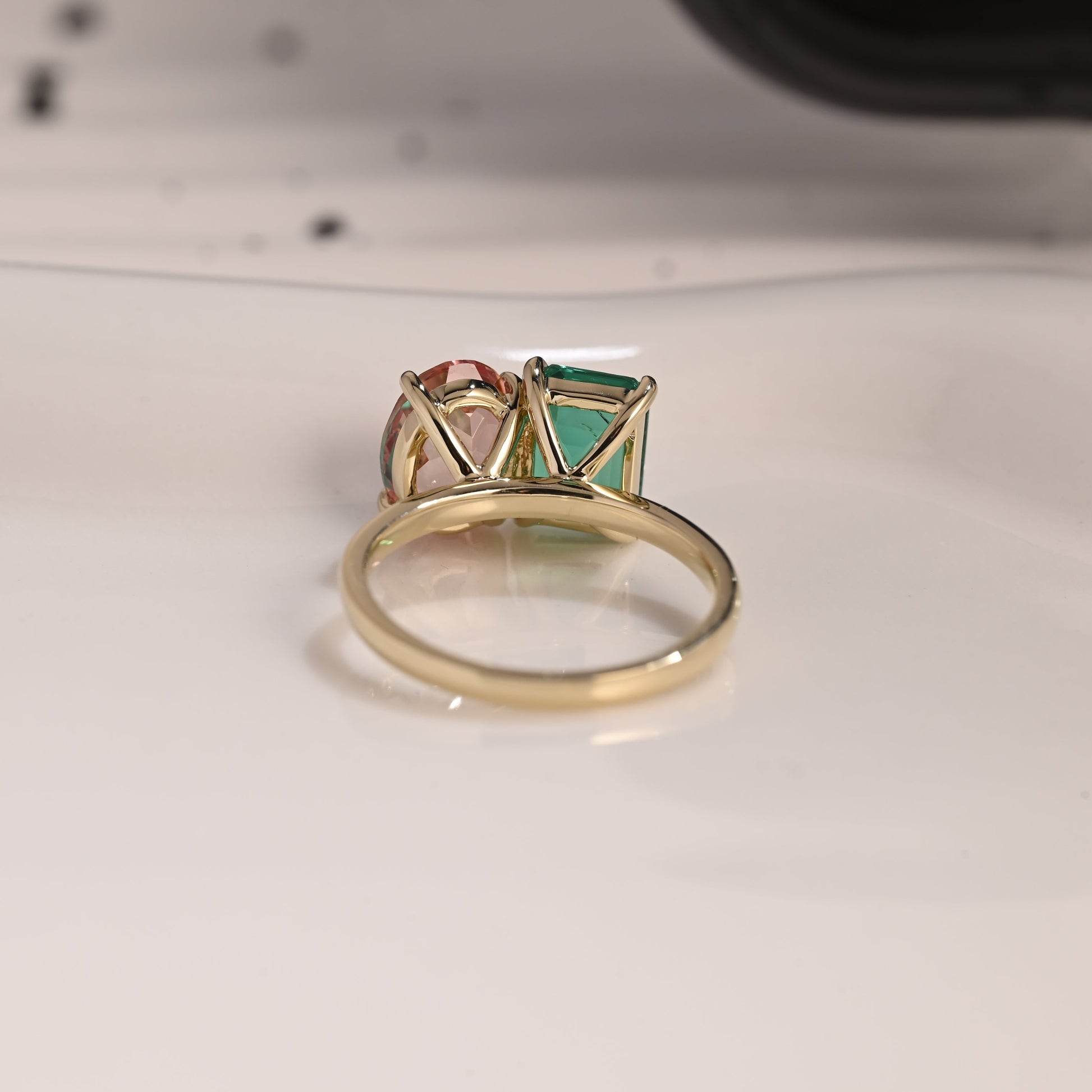 Solid Gold Toi et Moi Lab Emerald & Oval Cut Pink Sapphire Engagement Ring