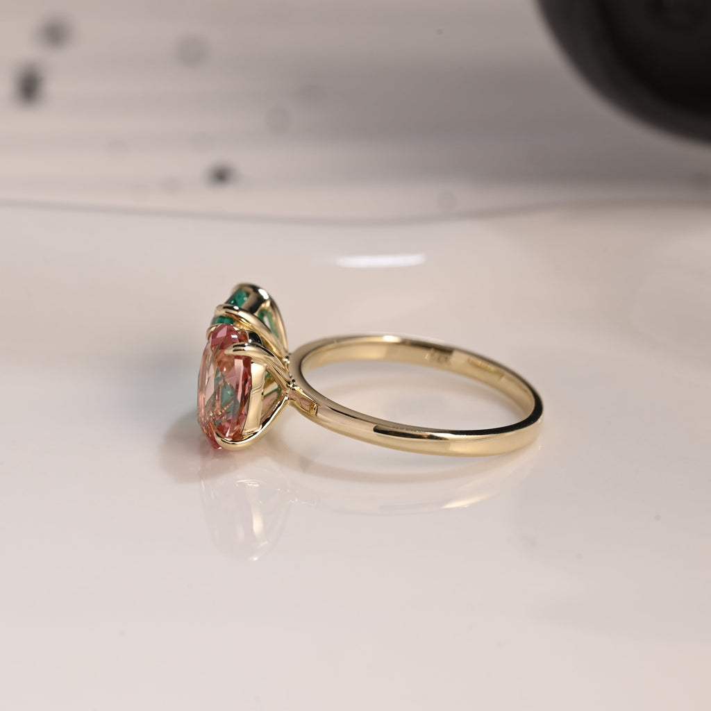 Solid Gold Toi et Moi Lab Emerald & Oval Cut Pink Sapphire Engagement Ring