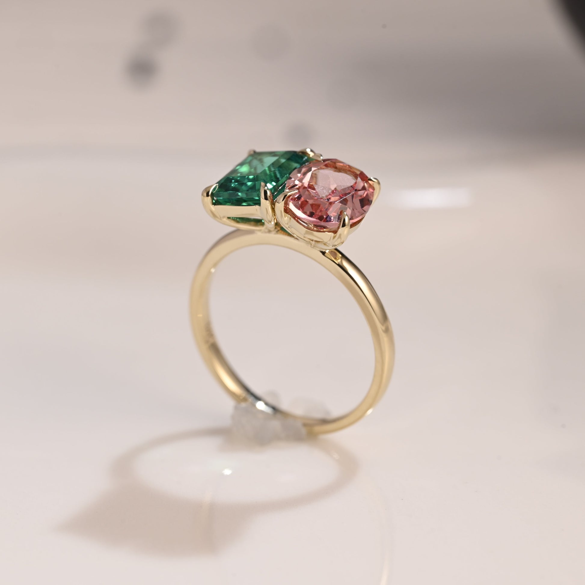 Solid Gold Toi et Moi Lab Emerald & Oval Cut Pink Sapphire Engagement Ring