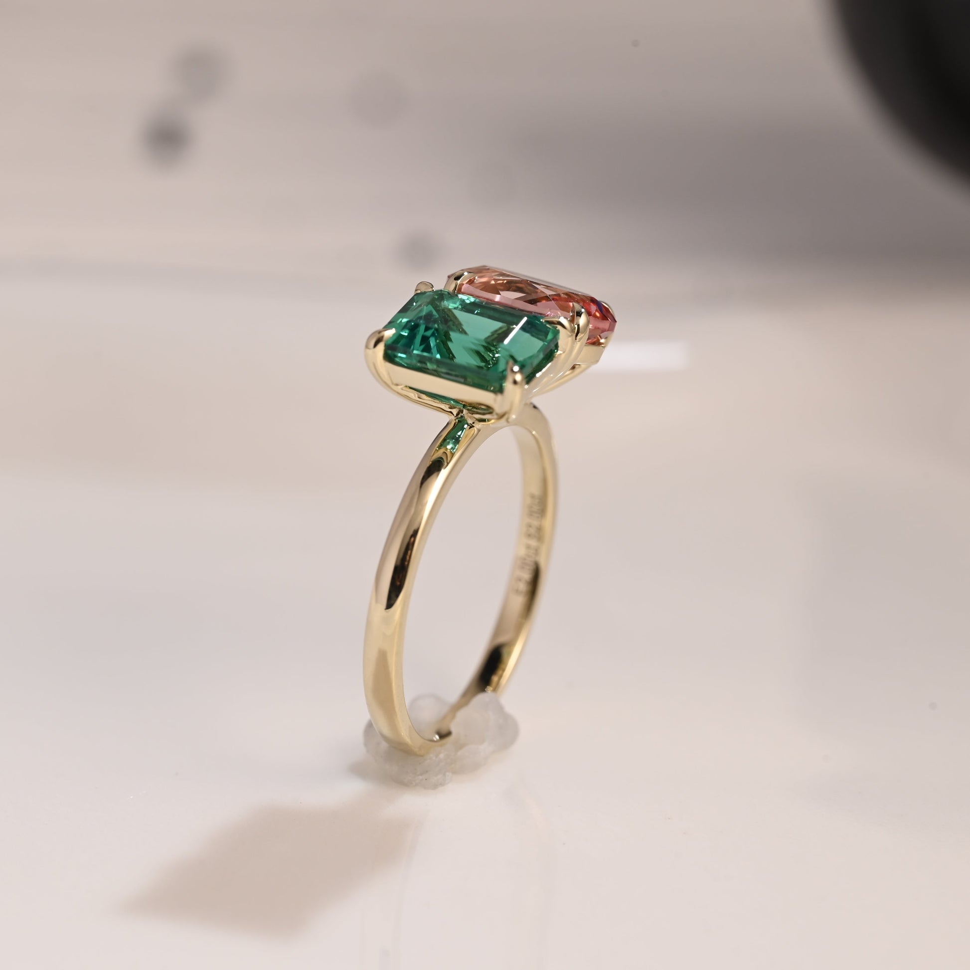 Solid Gold Toi et Moi Lab Emerald & Oval Cut Pink Sapphire Engagement Ring