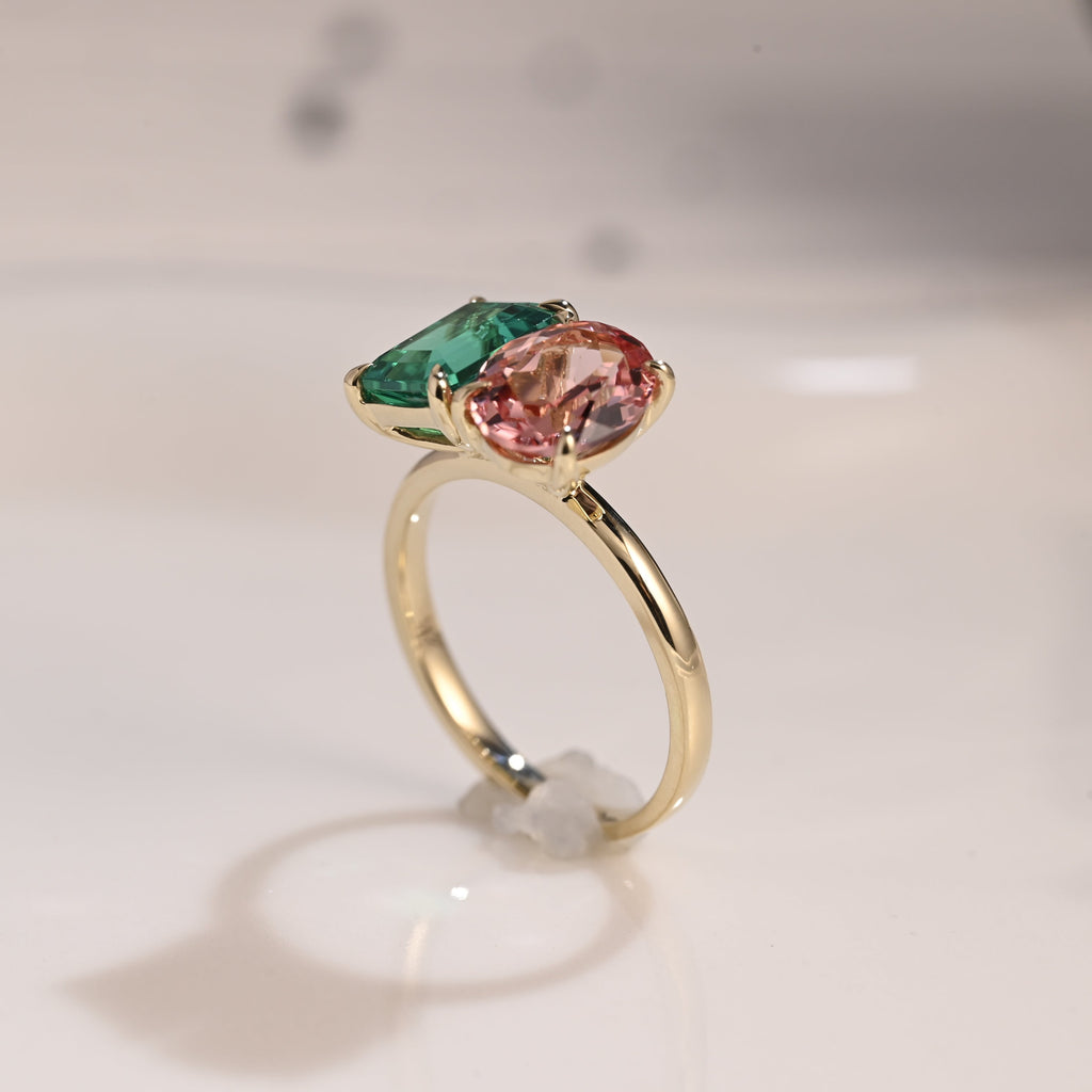 Solid Gold Toi et Moi Lab Emerald & Oval Cut Pink Sapphire Engagement Ring