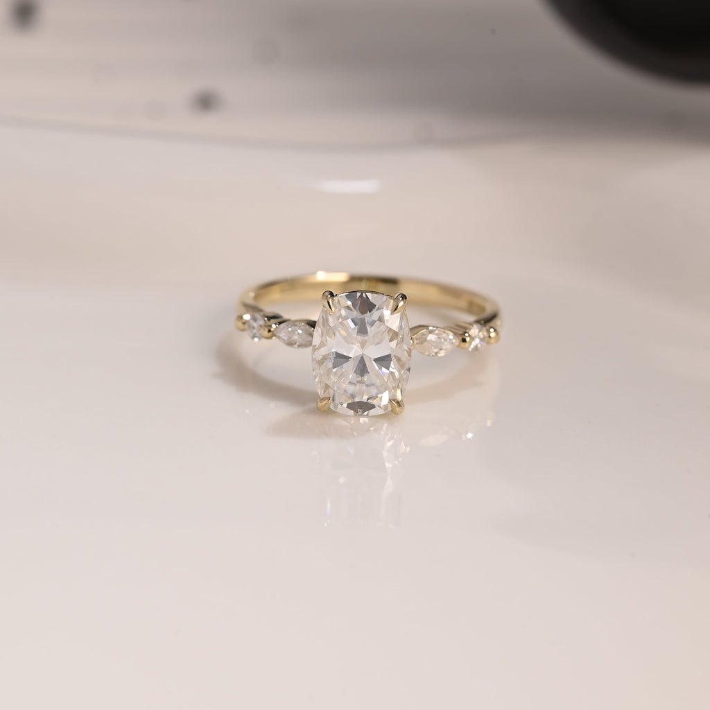 Solid Gold Pave Elongated Cushion Cut Moissanite Engagement Ring