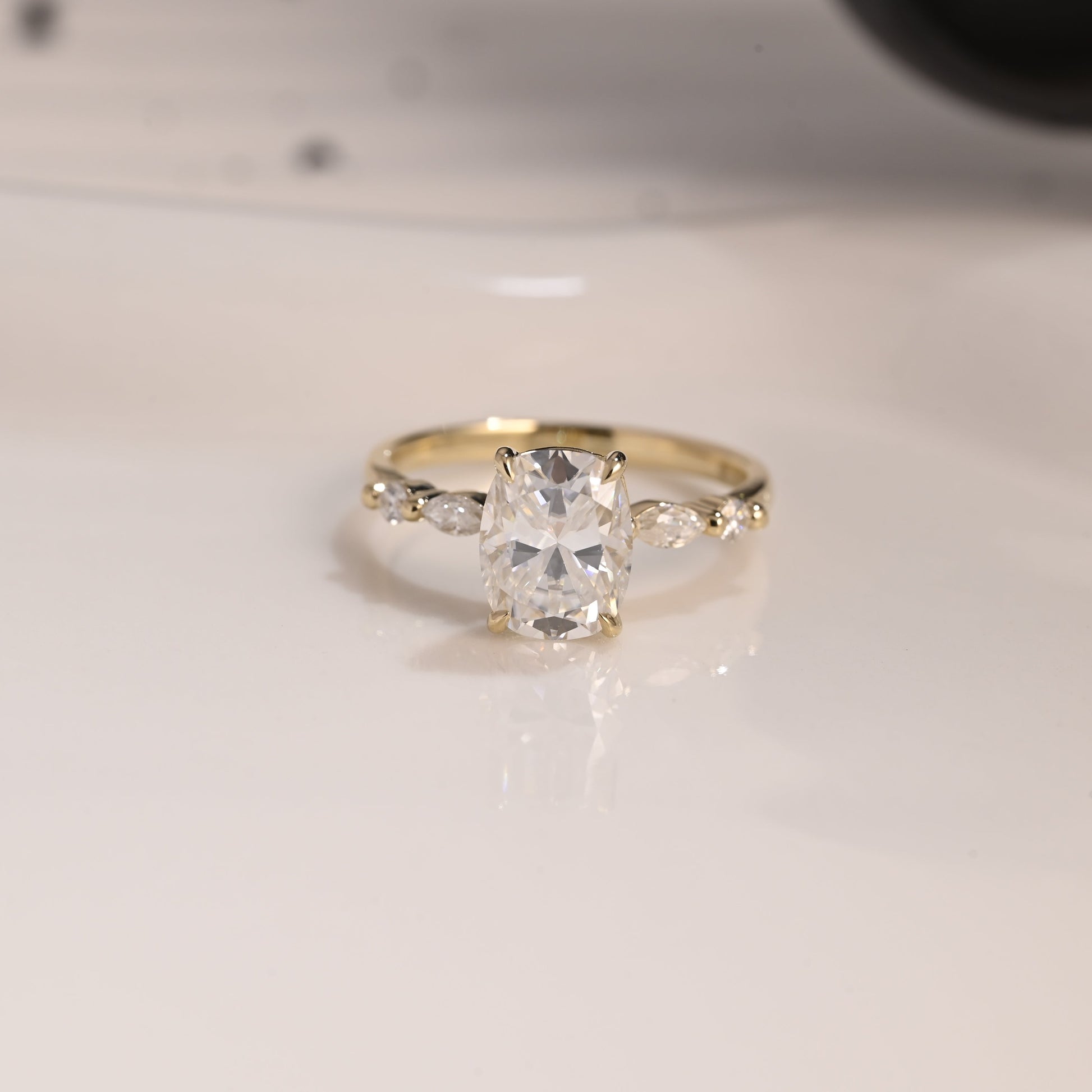 Solid Gold Pave Elongated Cushion Cut Moissanite Engagement Ring