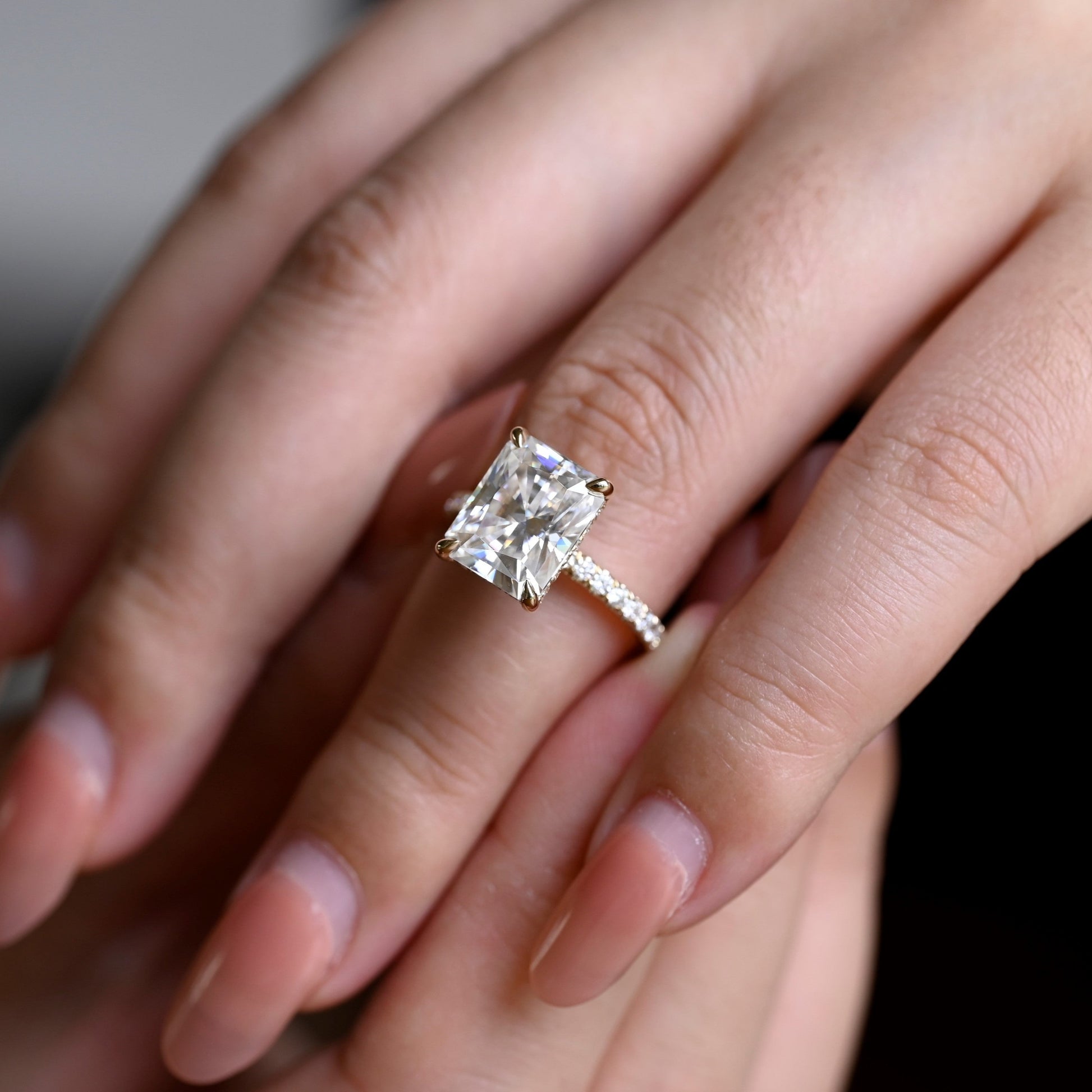 Solid Gold Hidden Halo Radiant Cut Moissanite Engagement Ring