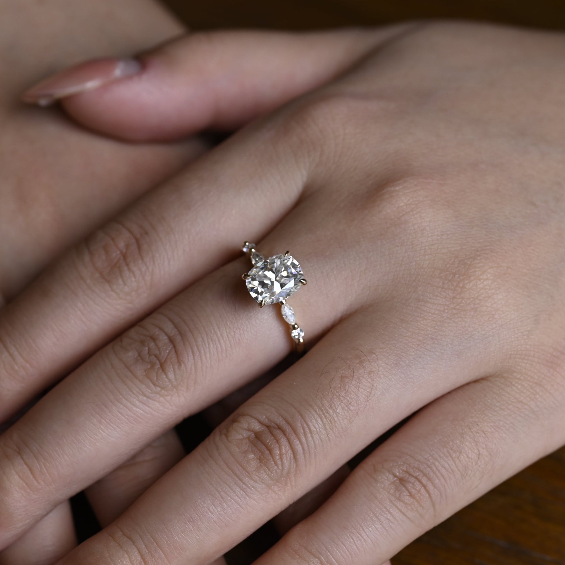 Solid Gold Pave Elongated Cushion Cut Moissanite Engagement Ring