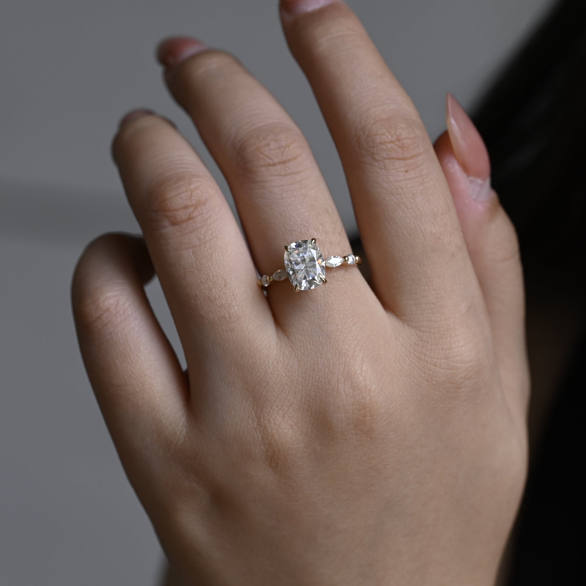 Solid Gold Pave Elongated Cushion Cut Moissanite Engagement Ring