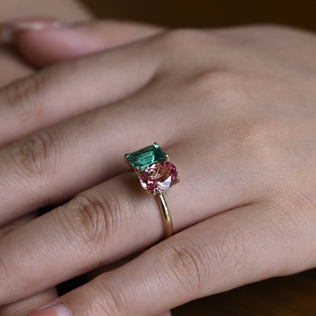 Solid Gold Toi et Moi Lab Emerald & Oval Cut Pink Sapphire Engagement Ring